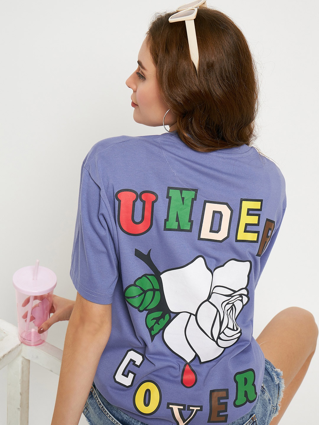 

Skidlers Typography Printed Applique Round Neck Extended Sleeves Oversized Cotton T-shirt, Lavender