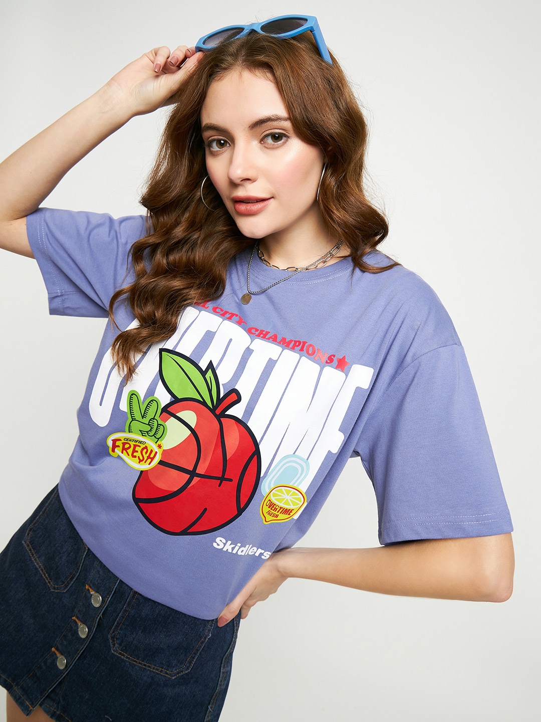 

Skidlers Typography Printed Oversized Cotton T-shirt, Lavender