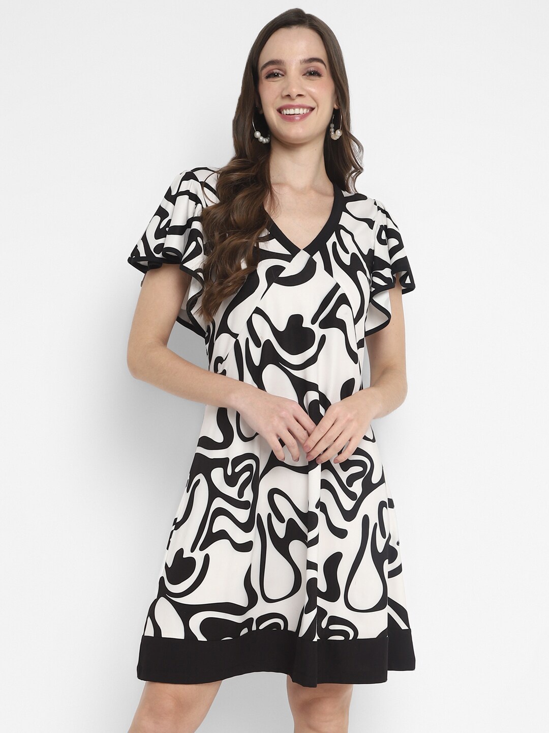 

Taurus Abstract Printed V-Neck Flutter Sleeve A-Line Dress, White