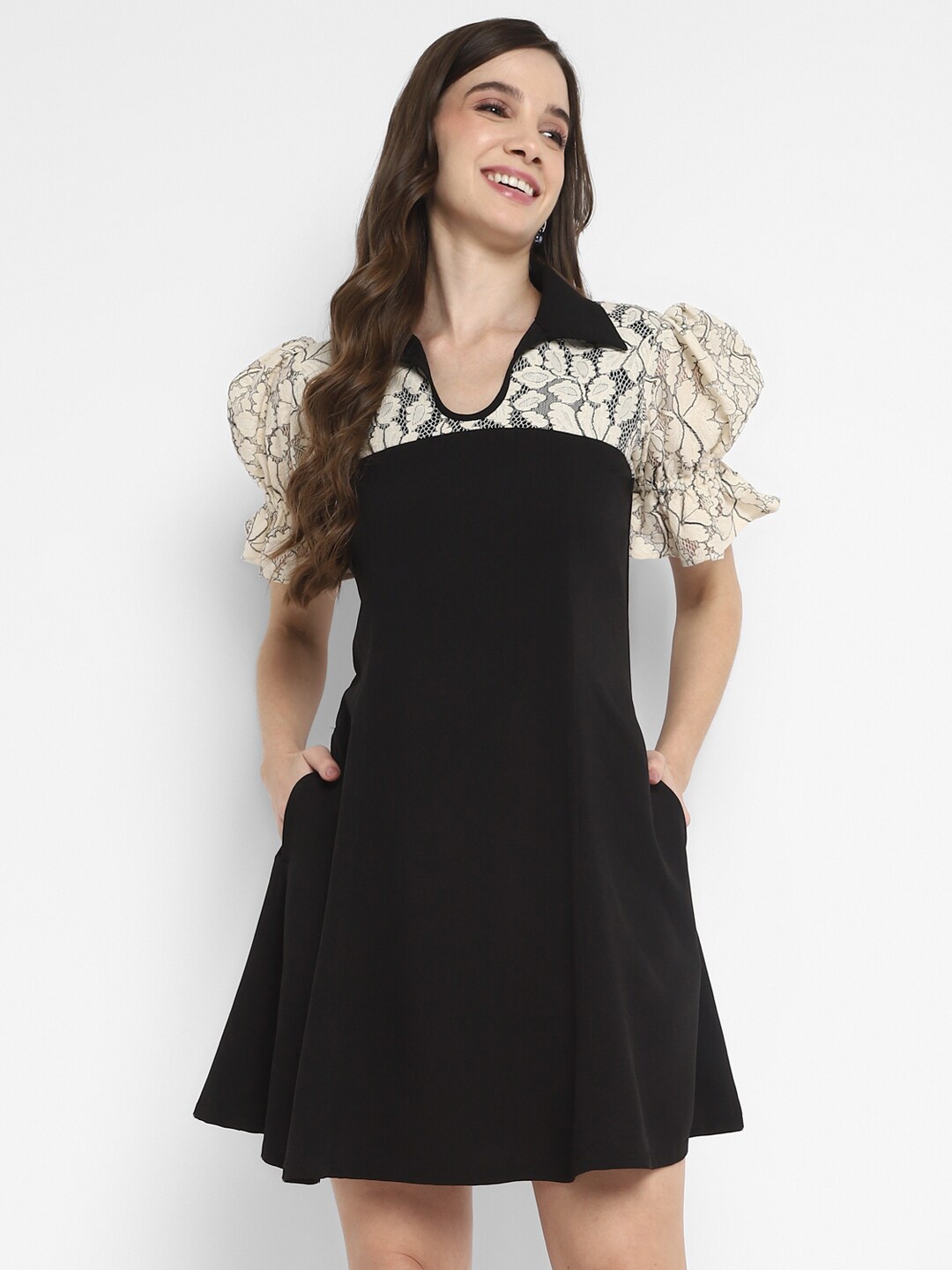 

Taurus Puff Sleeves Fit & Flare Dress, Black