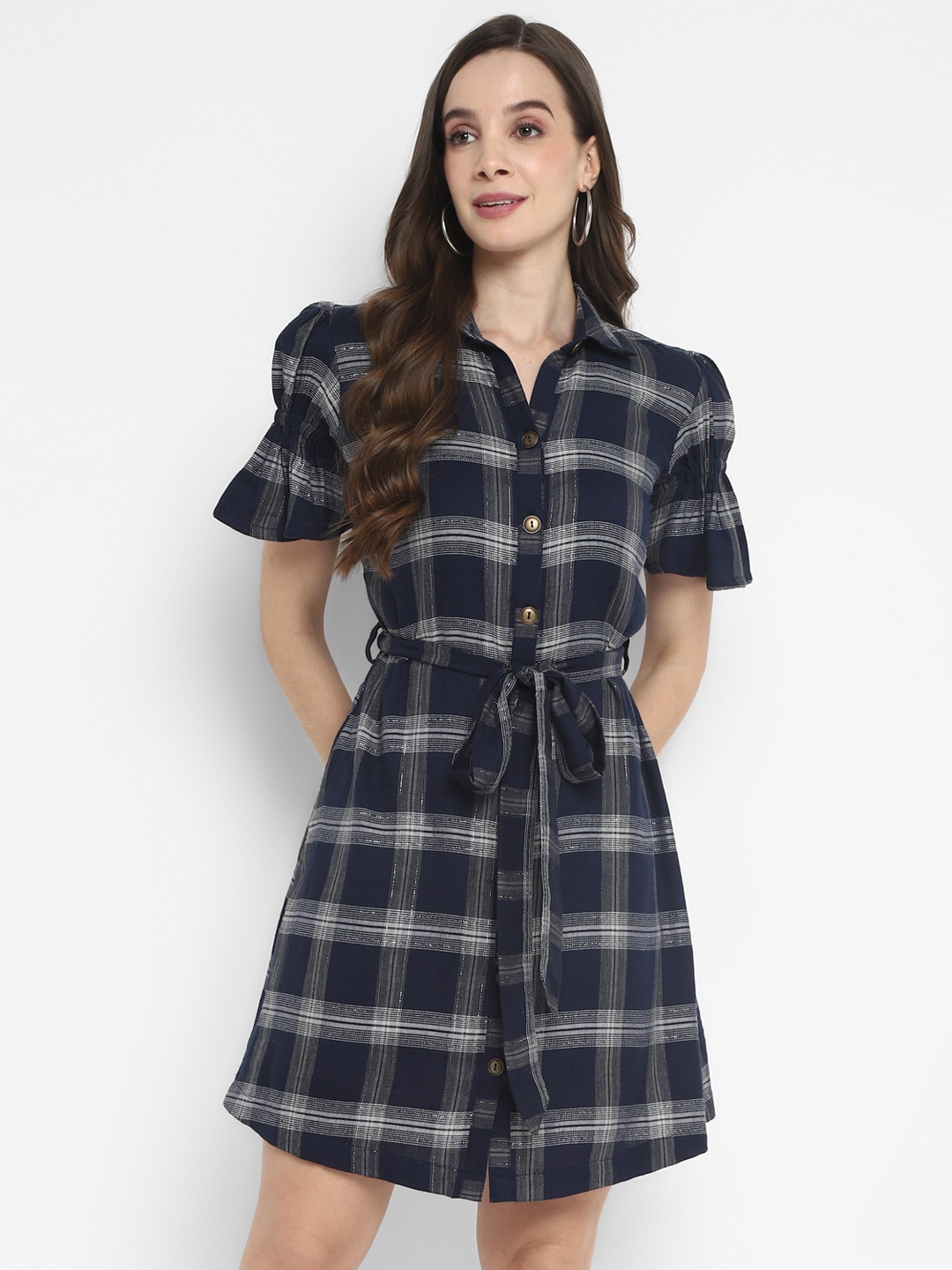 

Taurus Checked Puff Sleeves Cotton Shirt Dress With Belt, Navy blue