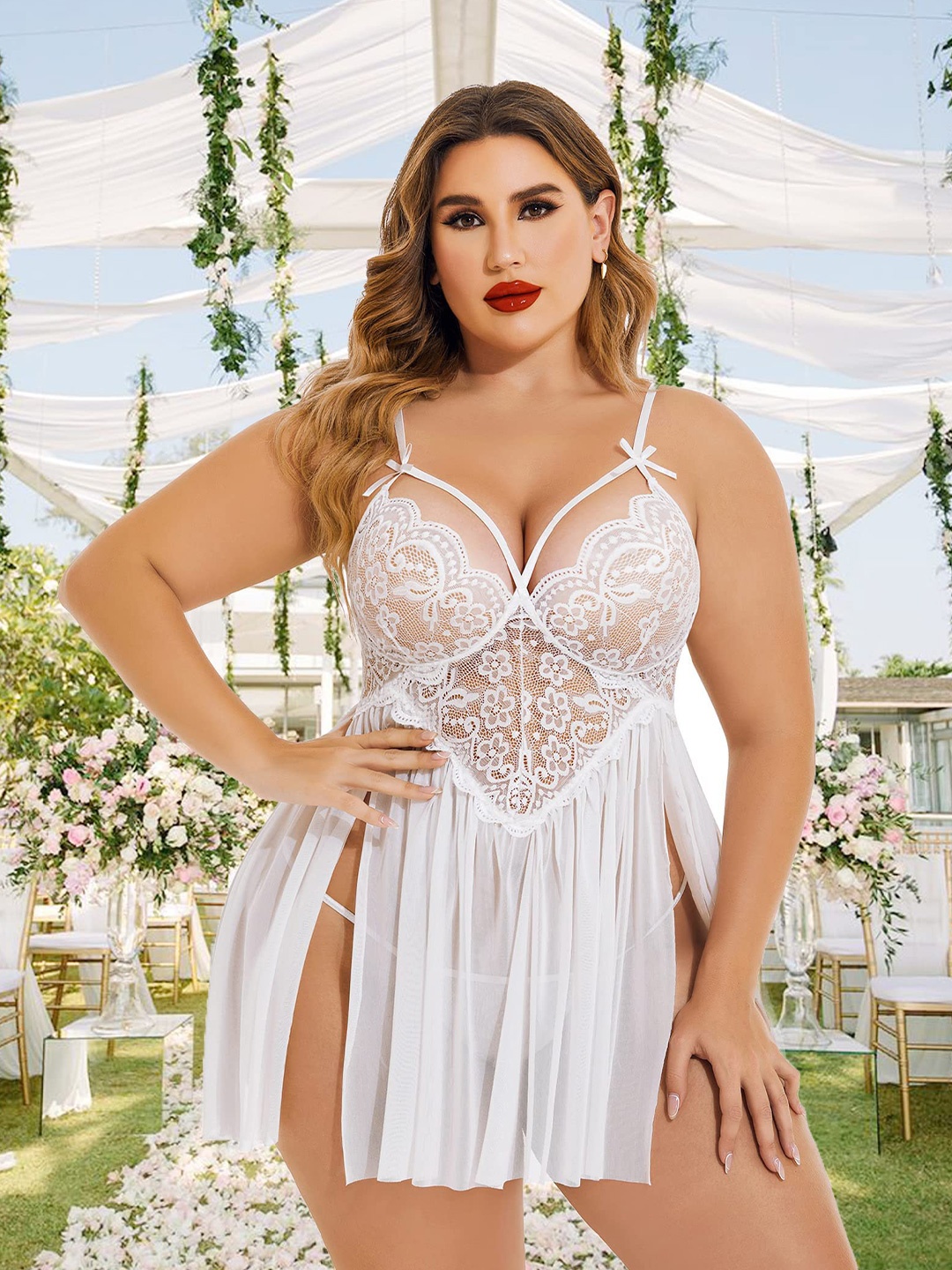 

CareDone Plus Size Floral Self Design Shoulder Straps Lace Baby Doll, White