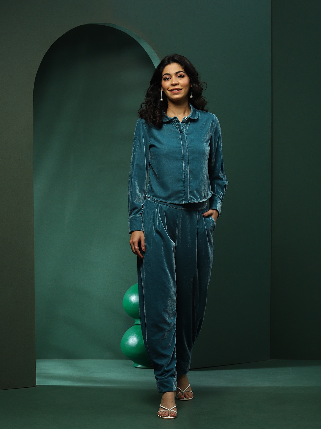 

AKS Couture Shirt Collar Shirt With Trouser, Teal
