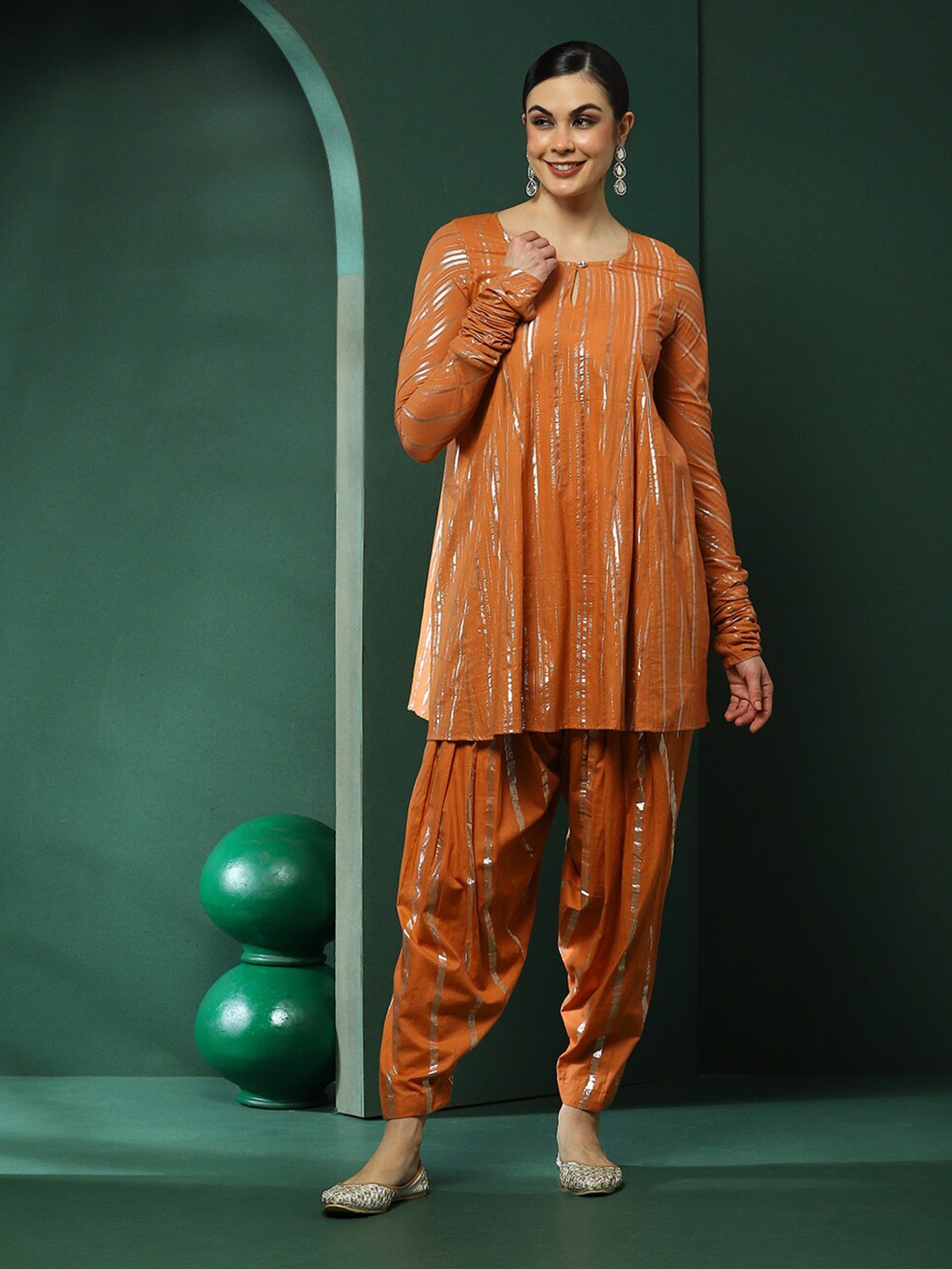 

AKS Couture Striped Keyhole Neck Long Sleeves A-Line Pure Cotton Kurta with Salwar, Orange