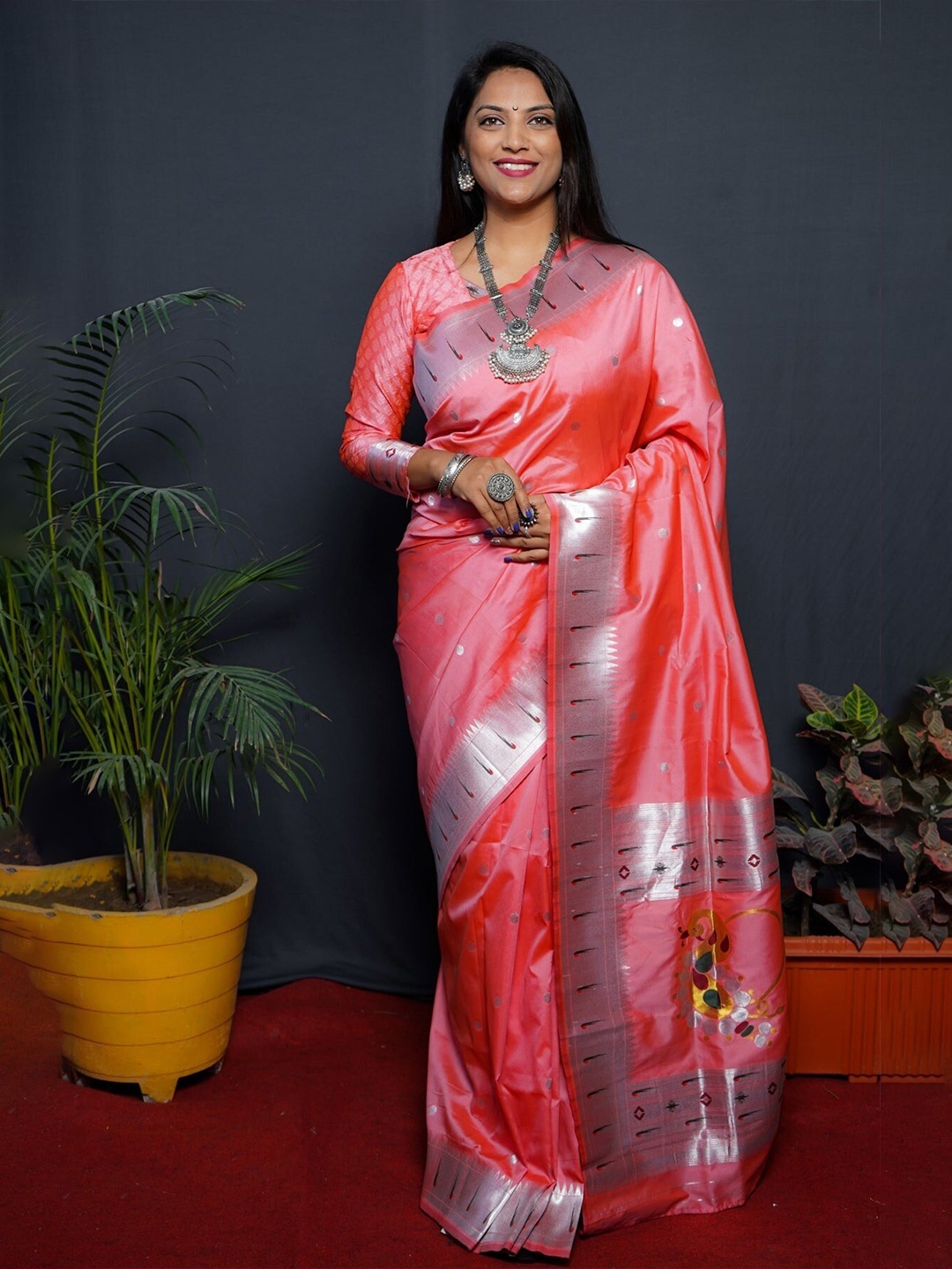 

KALINI Floral Woven Design Zari Paithani Saree, Pink