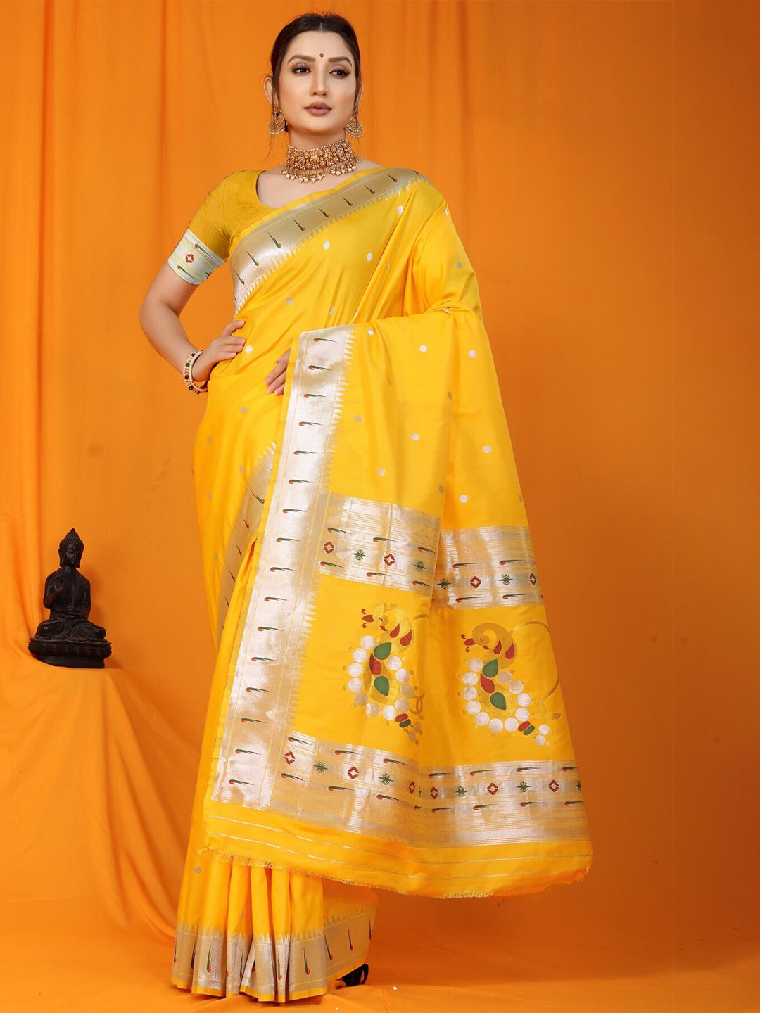

KALINI Floral Woven Design Zari Paithani Saree, Yellow