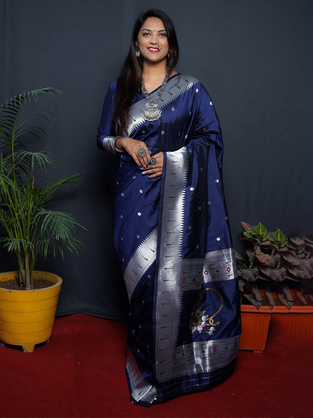 

KALINI Geometric Woven Design Zari Silk Blend Paithani Saree, Navy blue