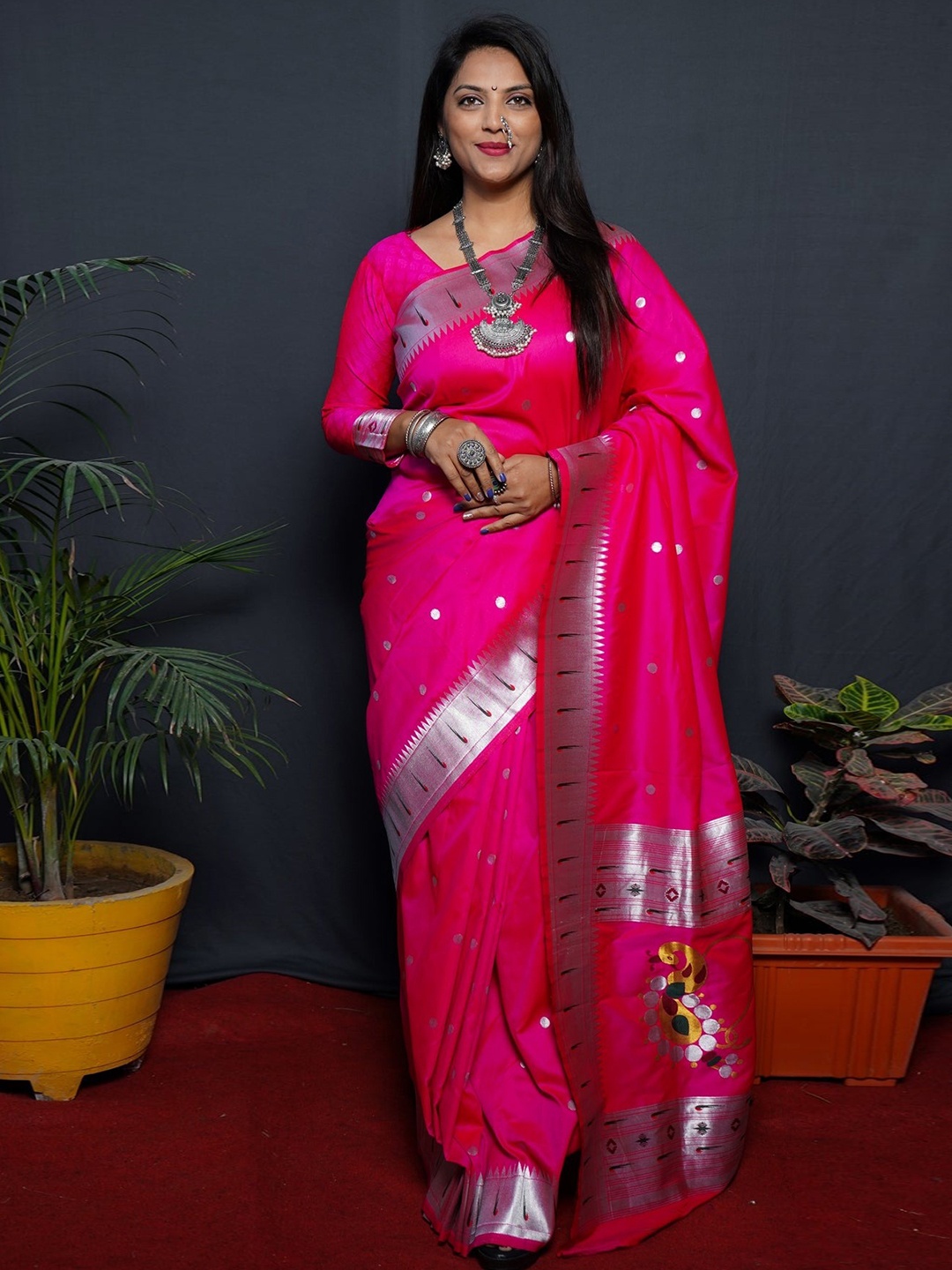 

KALINI Ethnic Motifs Woven Design Zari Paithani Saree, Pink