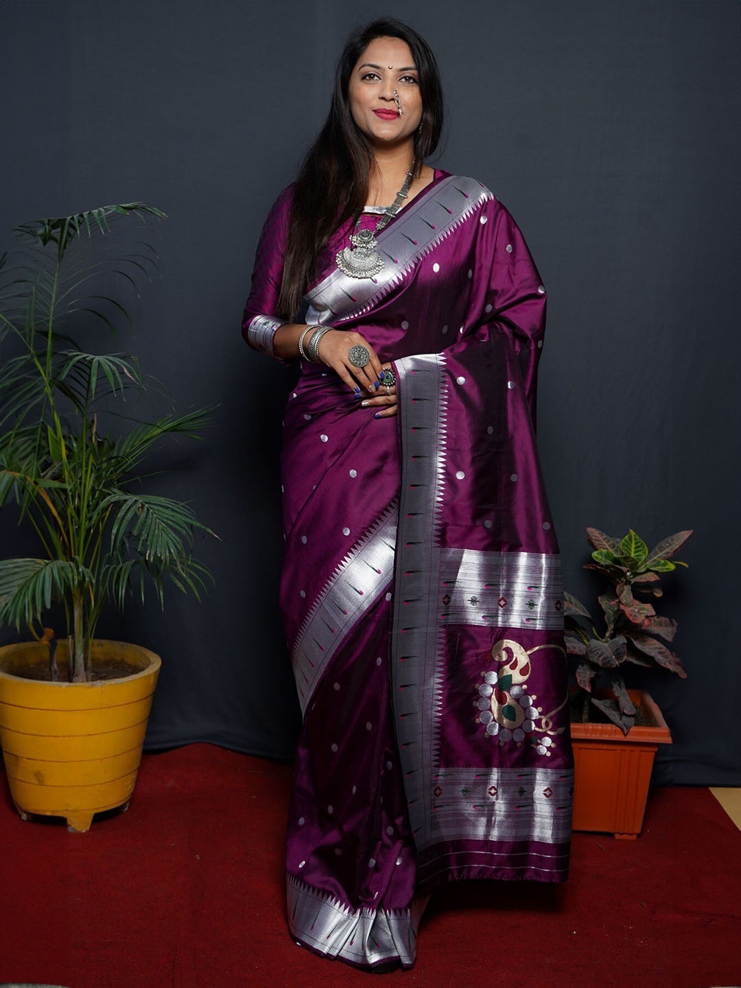 

KALINI Geometric Woven Design Zari Silk Blend Paithani Saree, Burgundy