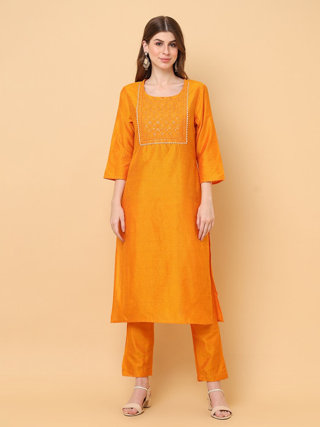 

aayusika Floral Embroidered Art Silk Gotta Patti Kurta With Trouser, Orange