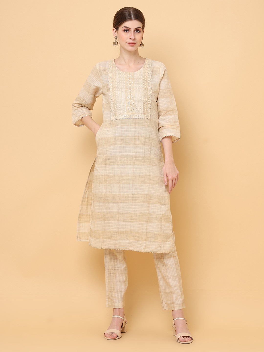 

aayusika Round Neck Thread Work Pure Cotton Kurta with Trousers, Beige