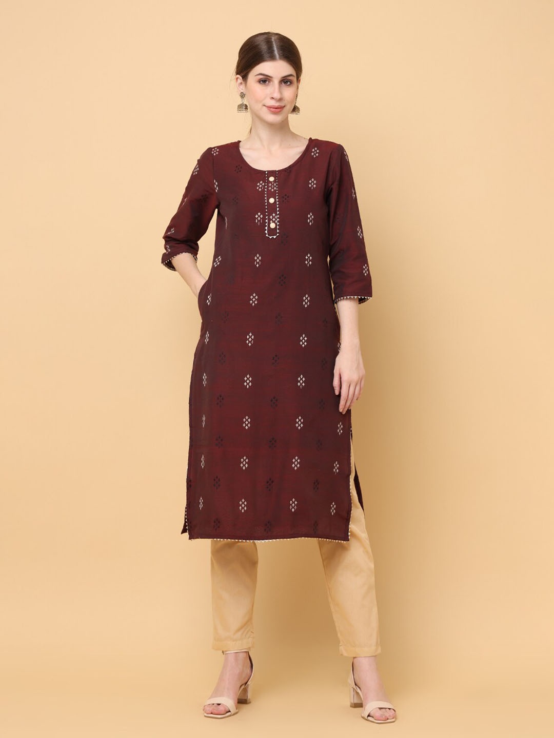 

aayusika Ethnic Motifs Woven Design Gotta Patti Pure Cotton Kurta With Trousers & Dupatta, Brown