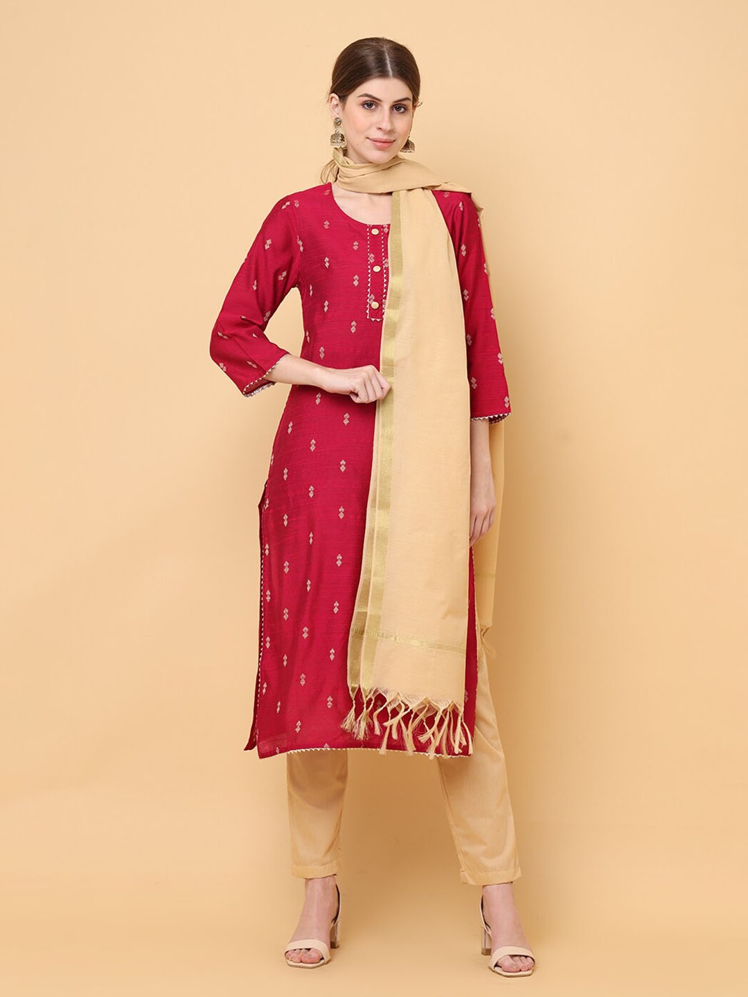 

aayusika Ethnic Motifs Regular Gotta Patti Straight Kurta with Trousers & Dupatta, Pink