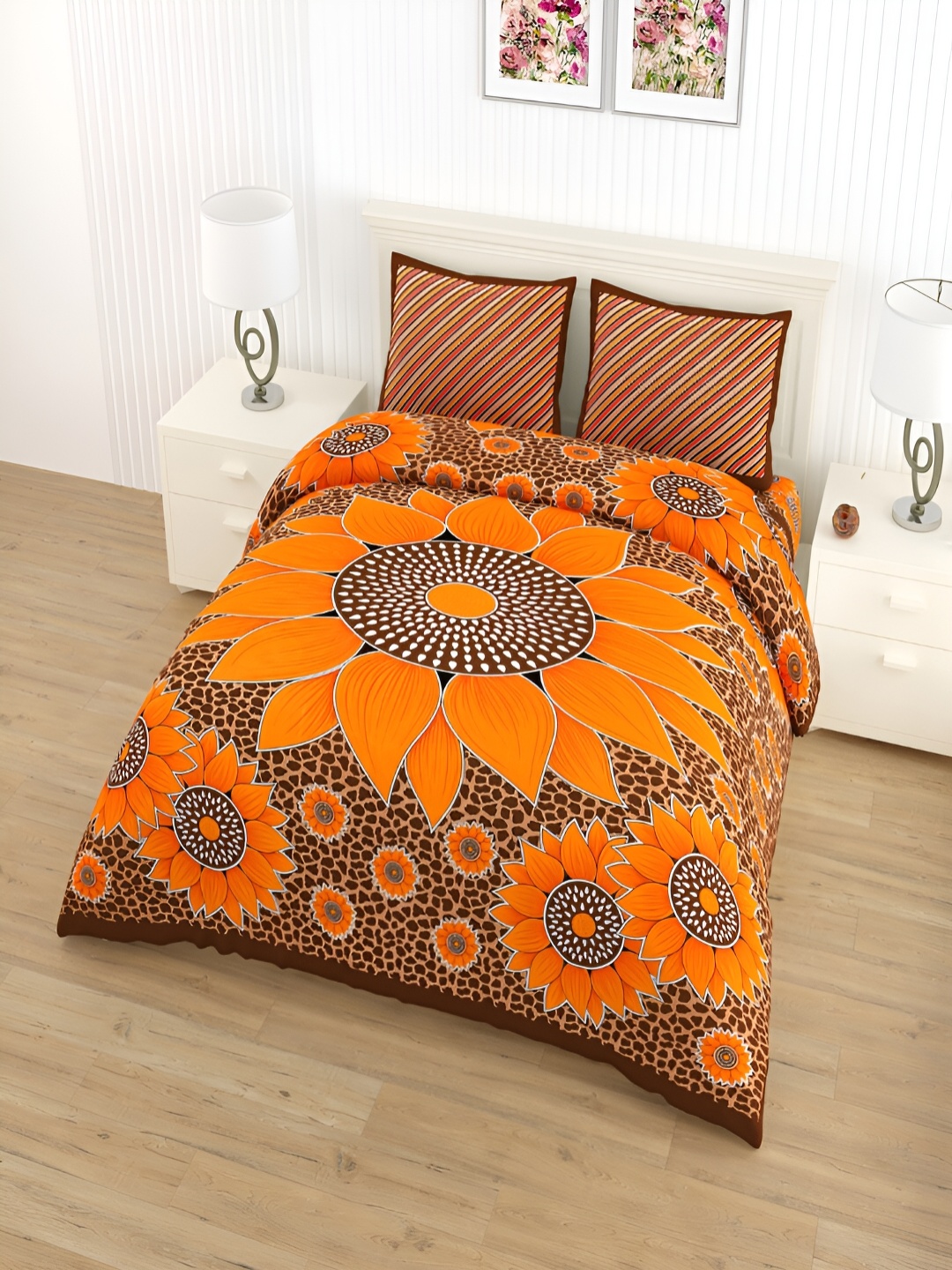 

Qfab Brown & Orange Floral Cotton 144 TC Queen Bedsheet With 2 Pillow Covers