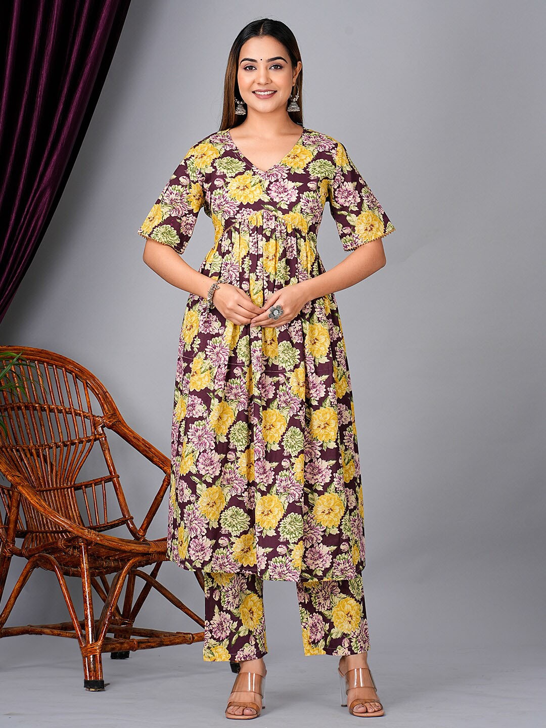 

KPF Floral Printed Empire Gotta Patti Pure Cotton Kurta with Palazzos, Brown