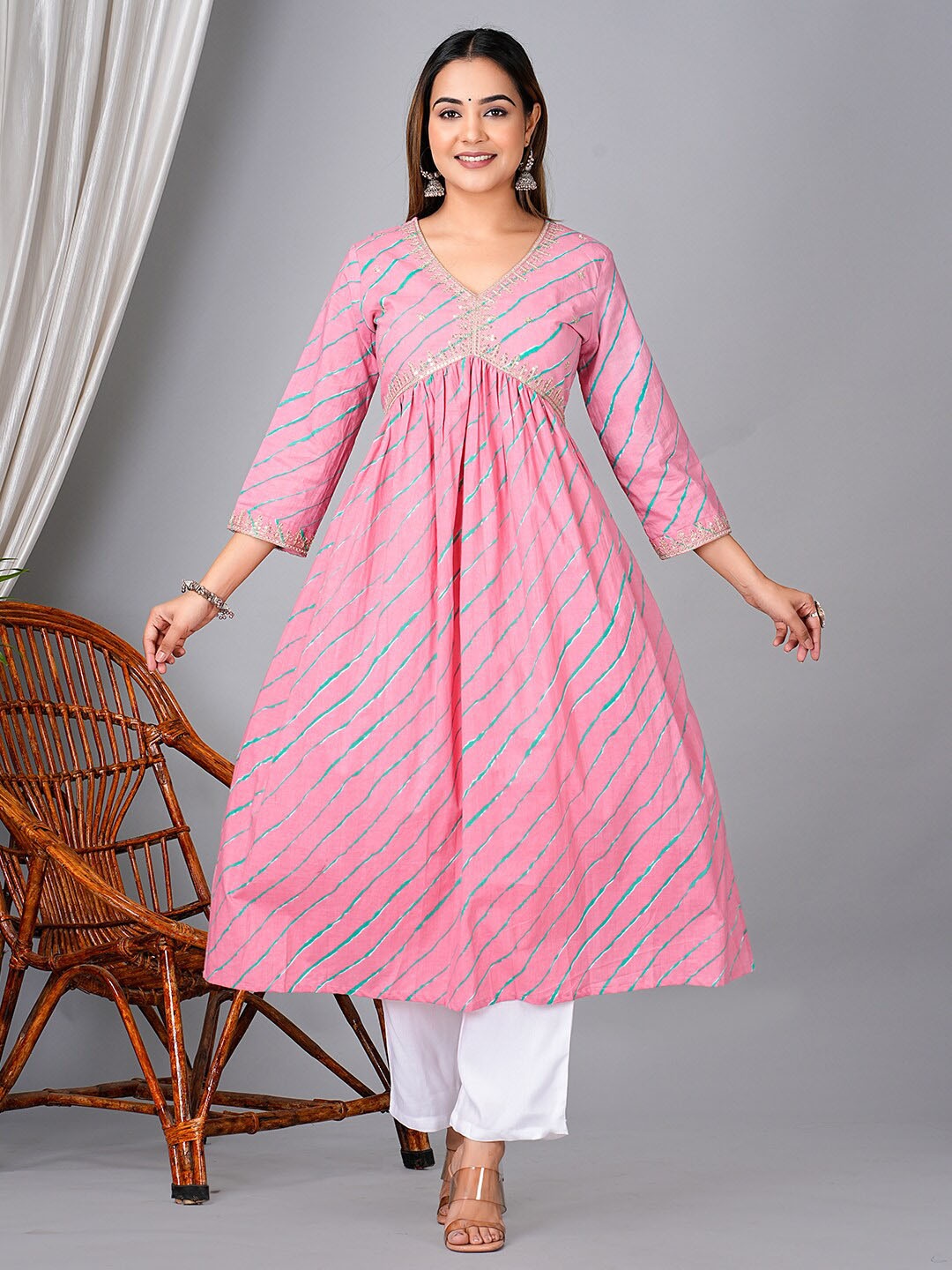 

KPF Leheriya Printed Empire Pure Cotton Kurta with Palazzos, Pink