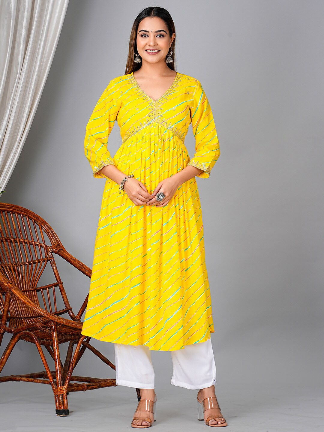

KPF Leheriya Printed Sequinned Empire Pure Cotton Kurta With Palazzos, Yellow