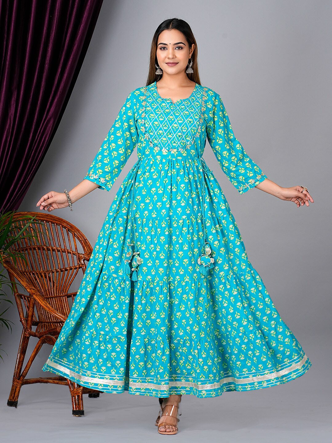 

KPF Floral Printed Anarkali Pure Cotton Kurta with Palazzos, Blue