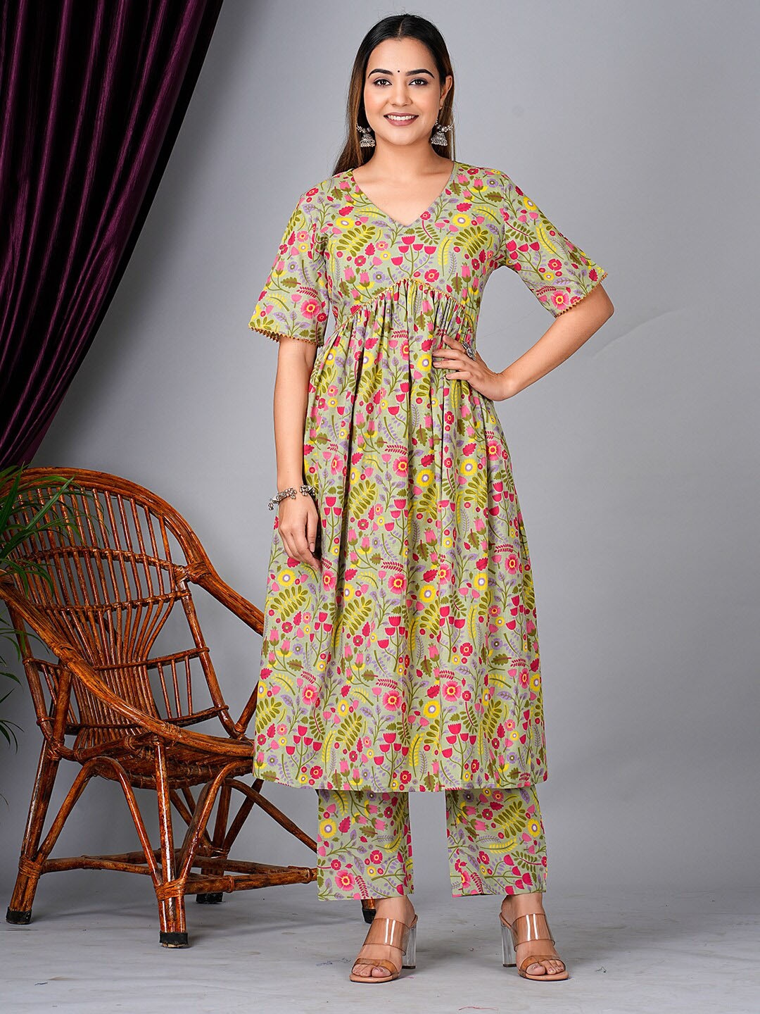 

KPF Floral Printed Empire Pure Cotton Kurta With Palazzo, Green