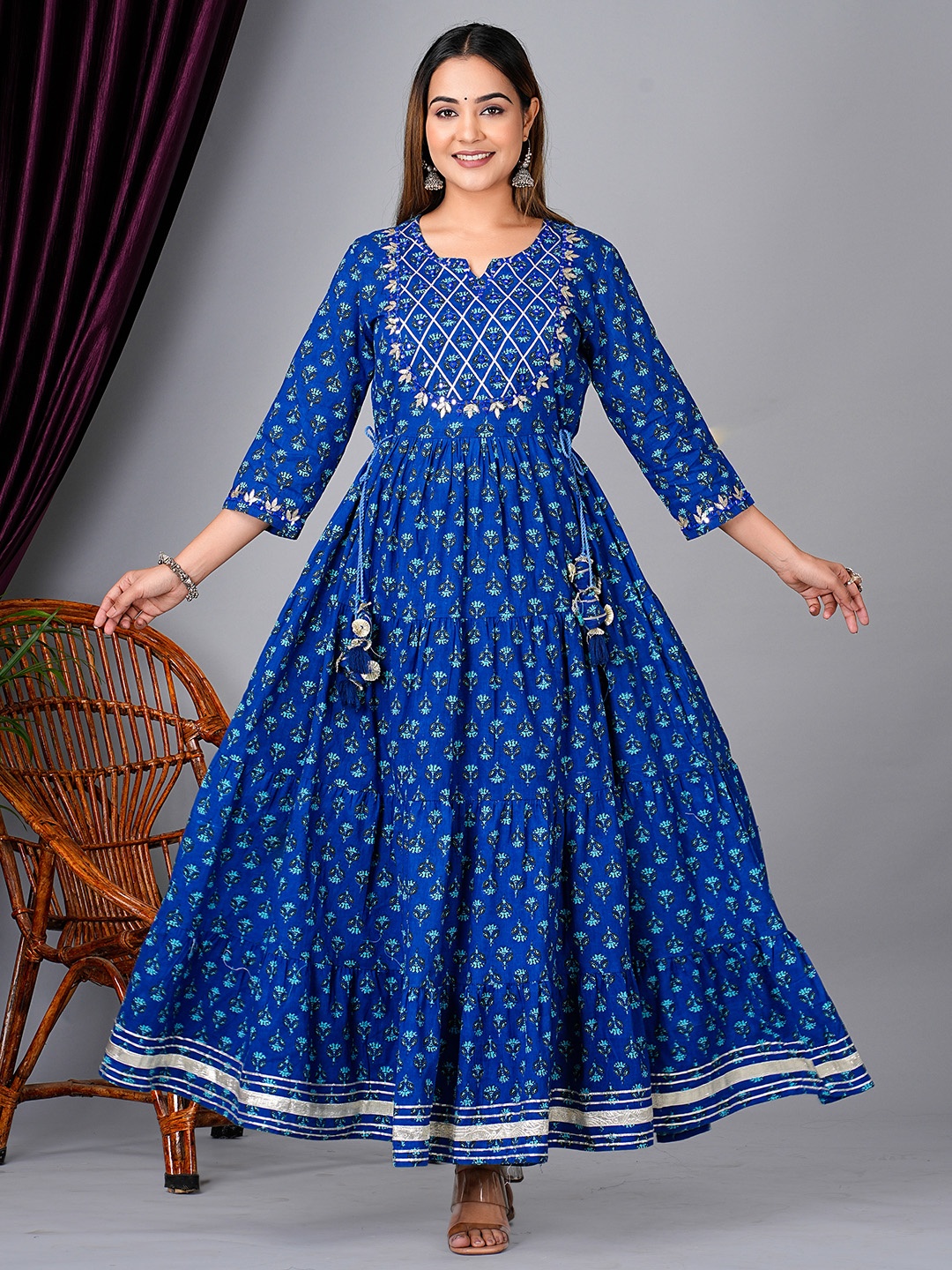 

KPF Women Ethnic Motifs Printed Mukaish Notch Neck Pure Cotton Anarkali Kurta With Palazzo, Blue