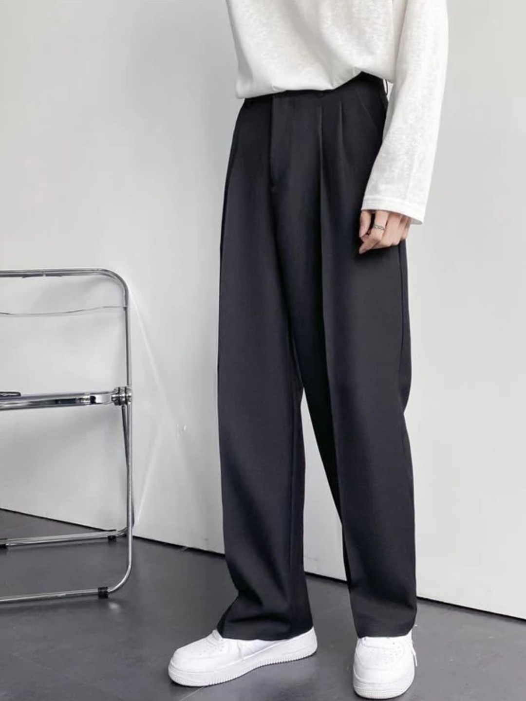 

Next One Women Smart Straight Fit High-Rise Easy Wash Cotton Trousers, Black