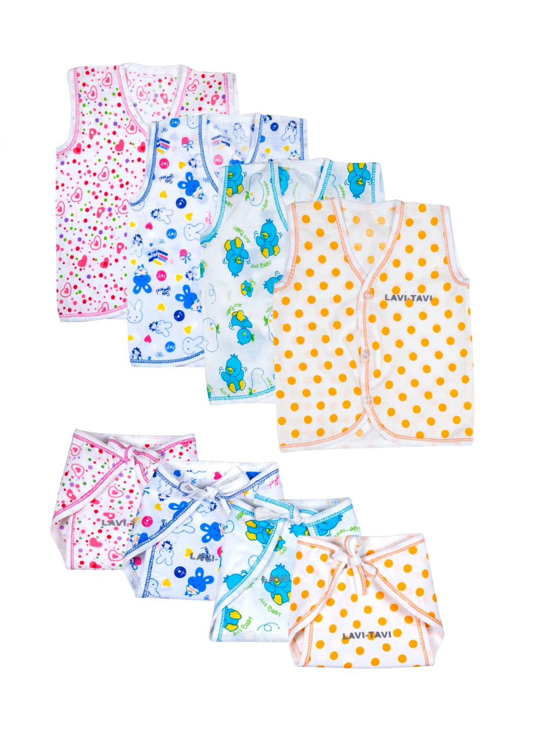 

BAESD Pack Of 4 Printed V-Neck Cotton Jhabla With Nappy, Yellow