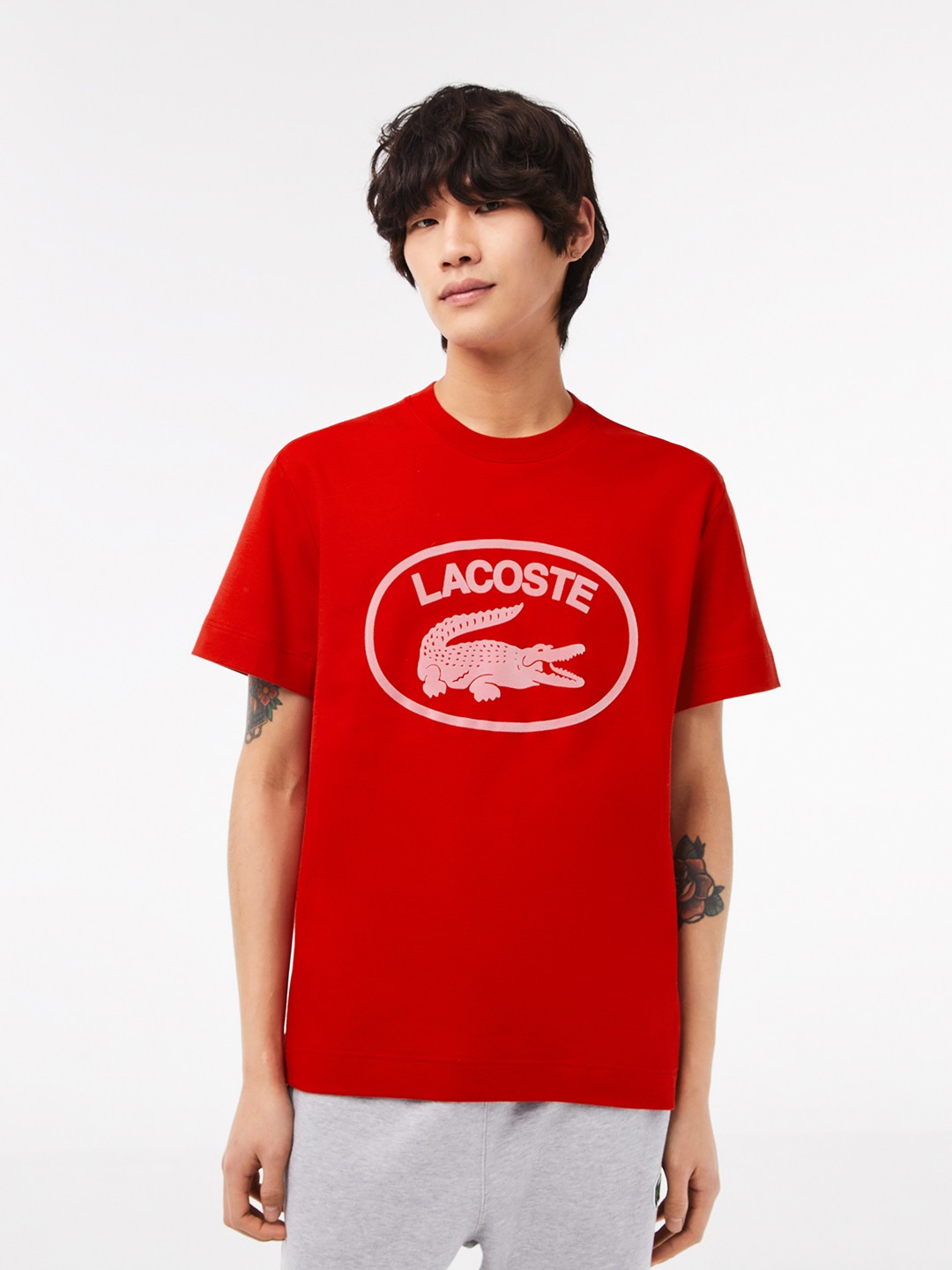 

Lacoste Graphic Printed Round Neck Cotton Relaxed Fit T-shirt, Red