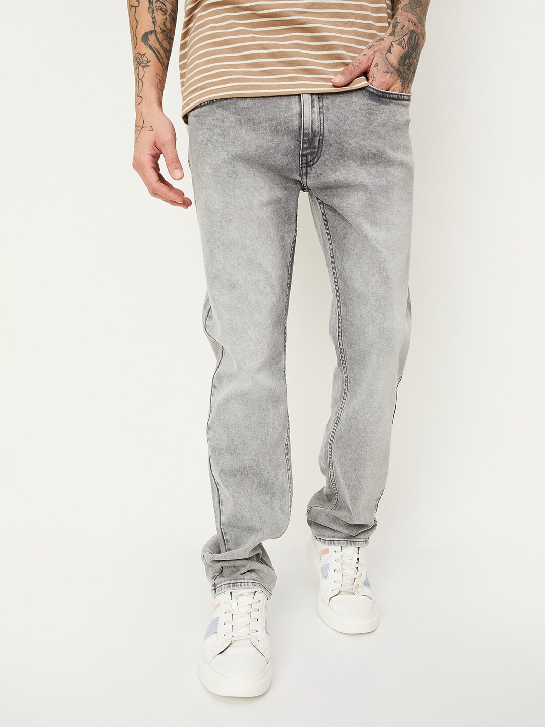 

max Men Heavy Fade Stretchable Jeans, Grey