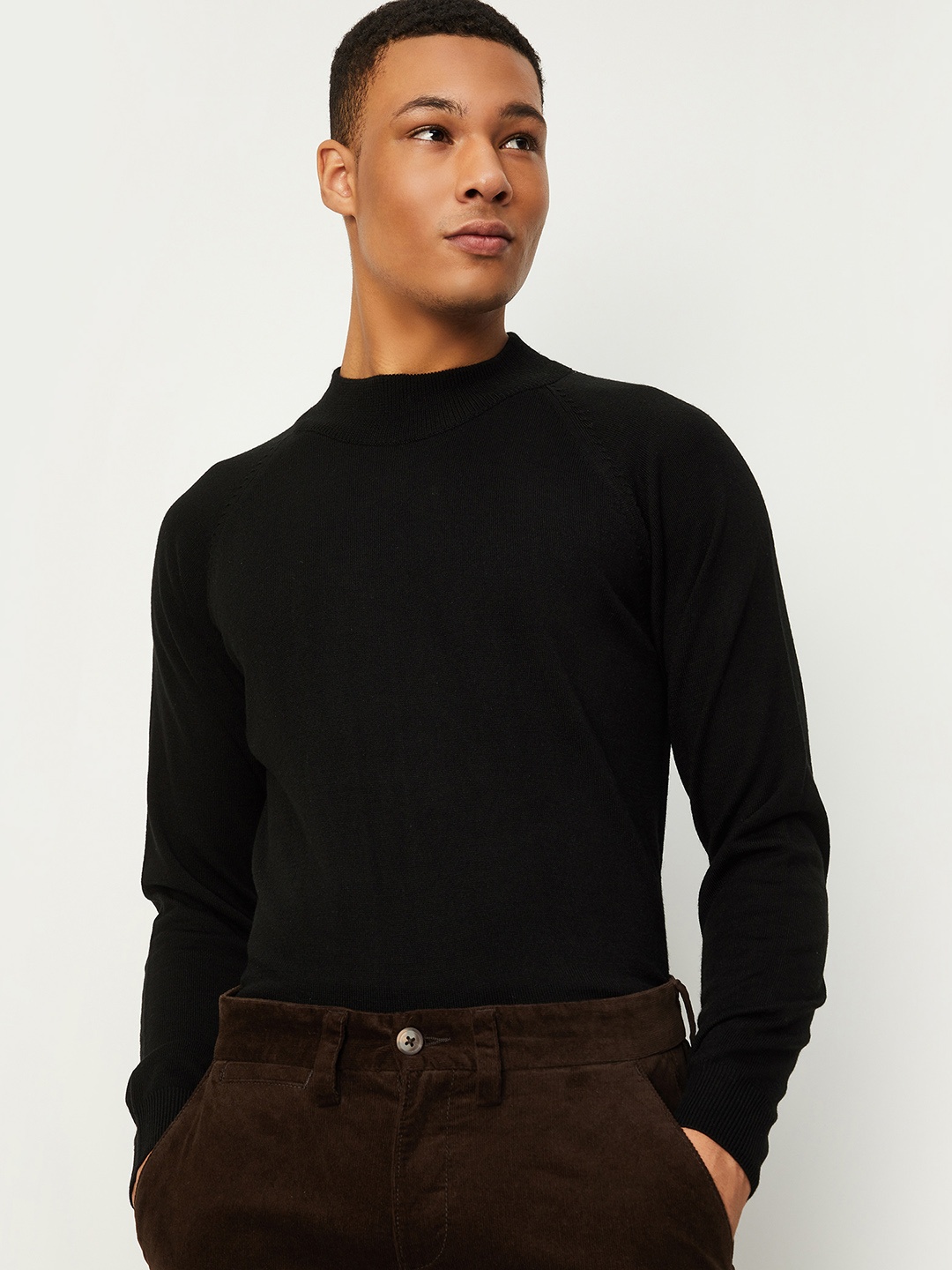 

max Ribbed High Neck Long Sleeves Acrylic Pullover, Black