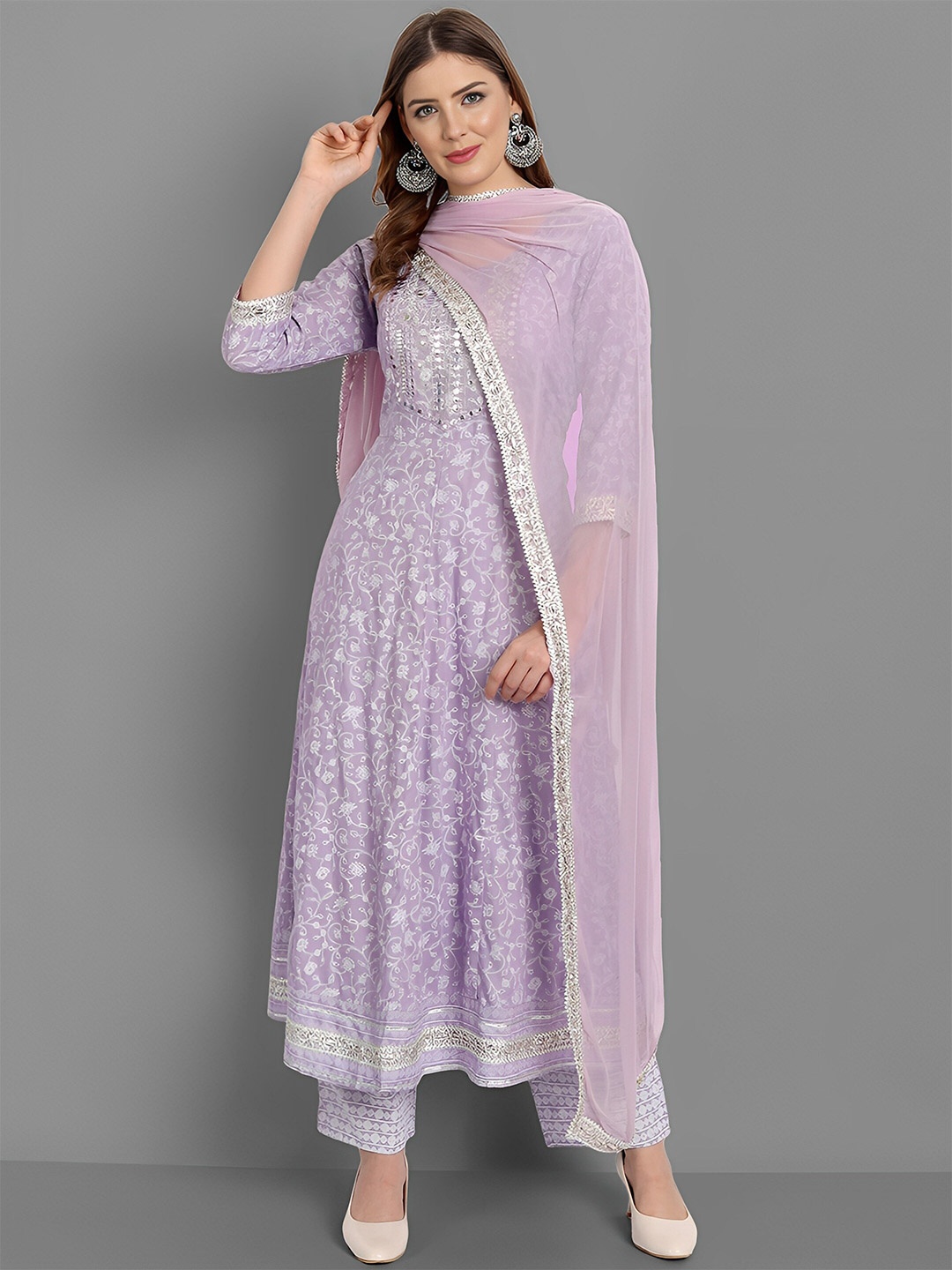 

SGRF Floral Embroidered Anarkali Kurta & Palazzos With Dupatta, Purple