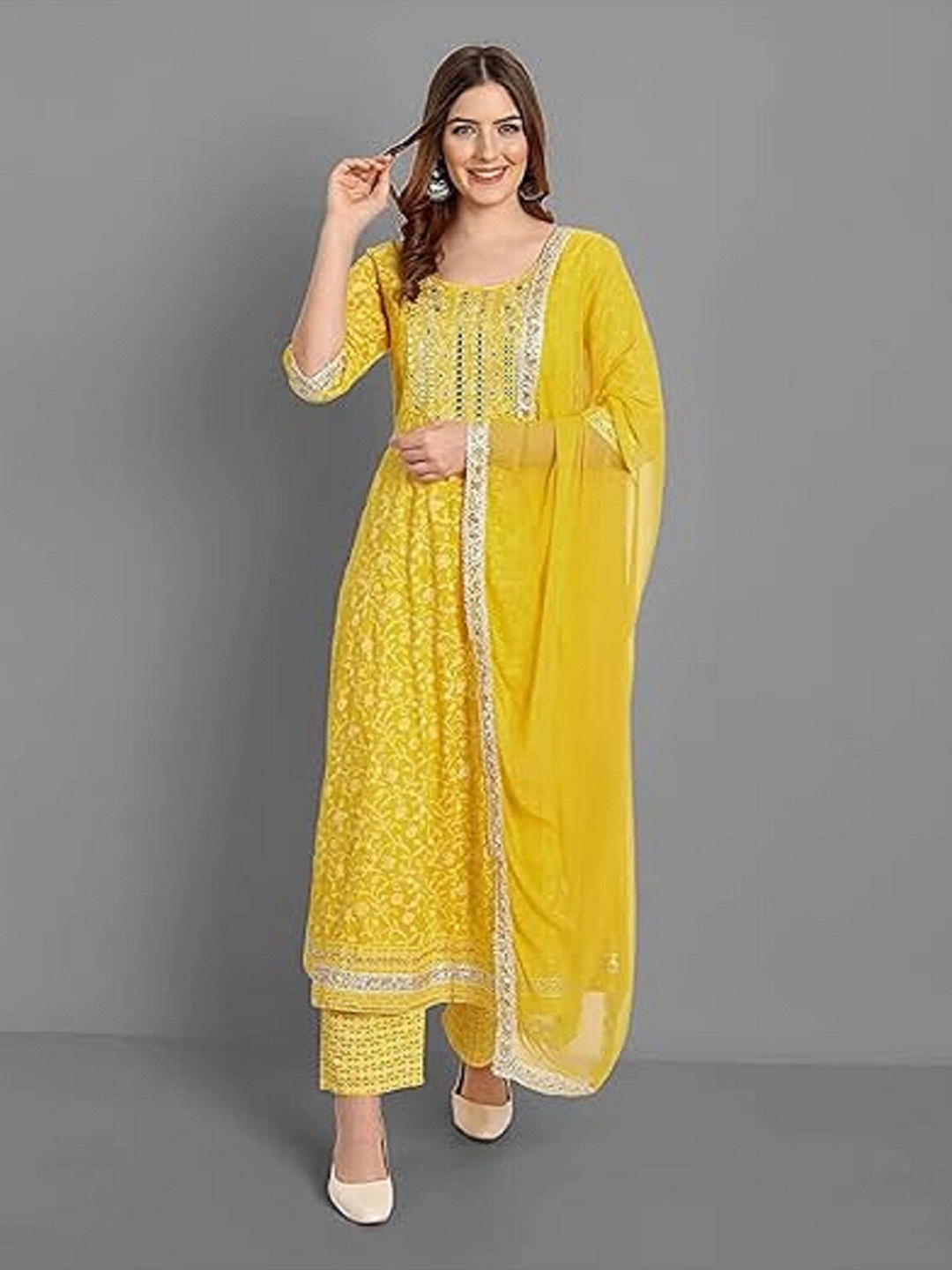 

SGRF Floral Embroidered Anarkali Kurta & Palazzos With Dupatta, Yellow