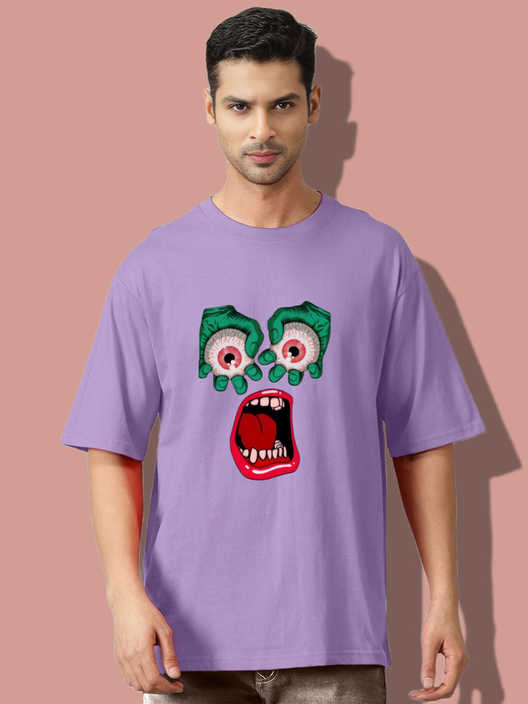

Elibolz Monster Eyes Cotton Printed Oversized Dyed Tshirt, Lavender
