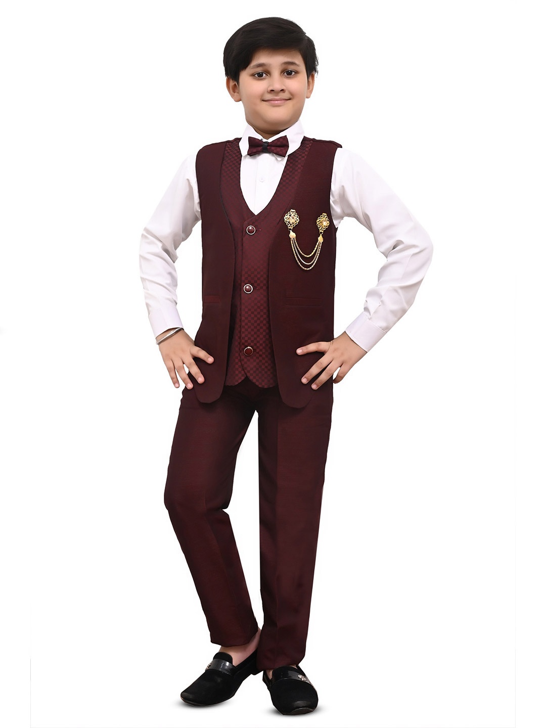 

BAESD Boys Self Design V-Neck Single-Breasted 2-Piece Suit, Maroon