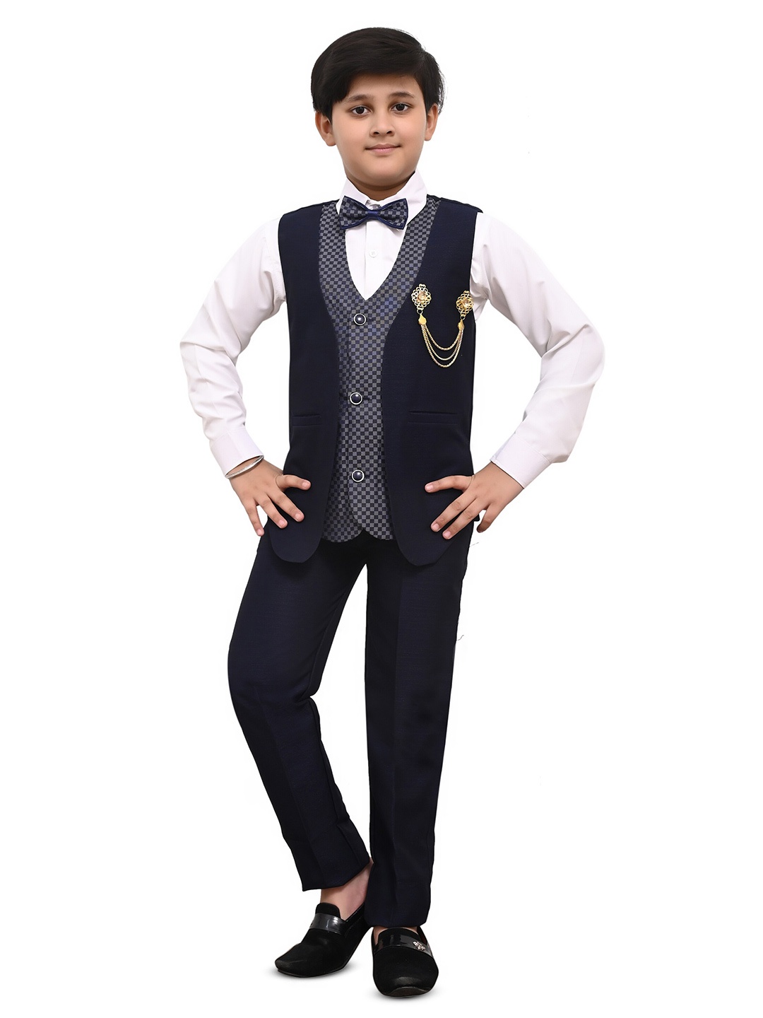 

BAESD Boys Self Design V-Neck Single-Breasted 2-Piece Suit, Navy blue