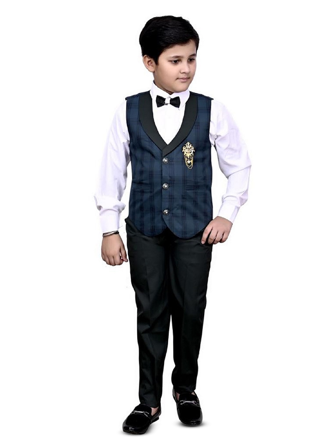 

BAESD Boys Checked Waistcoat Shirt & Trousers 3-Piece Suit, Navy blue