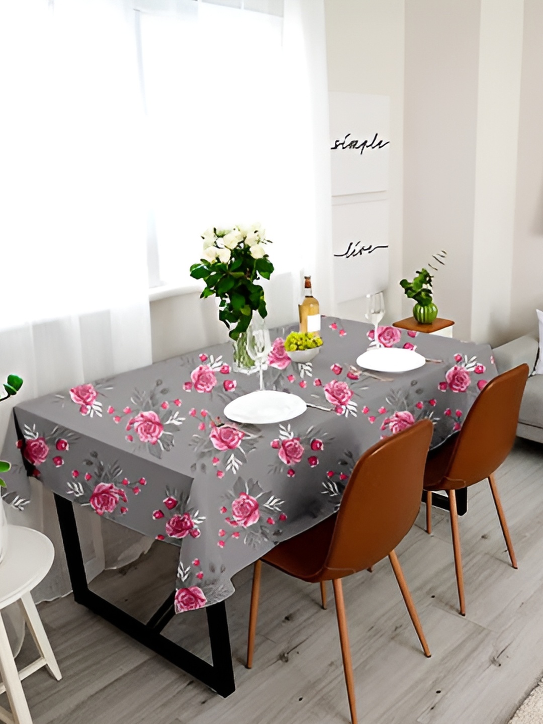 

Lushomes Grey & Pink Floral Printed 4-Seater Table Cover