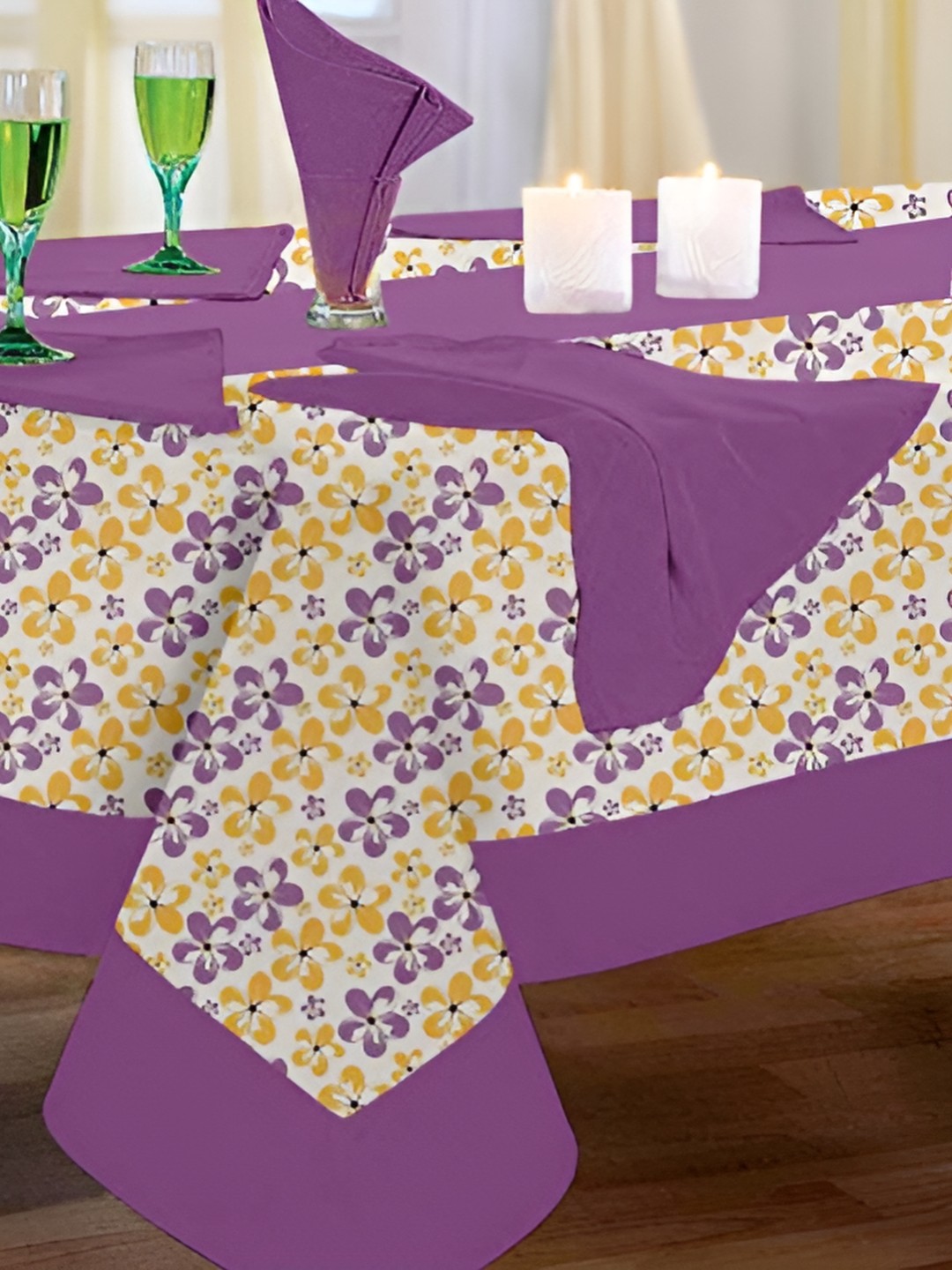 

Lushomes Purple & Yellow Floral Printed Cotton Table Linen Set