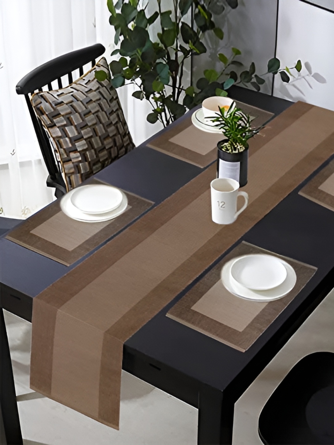 

Lushomes Brown & Beige 5 Pieces Striped Table Placemats With Runner