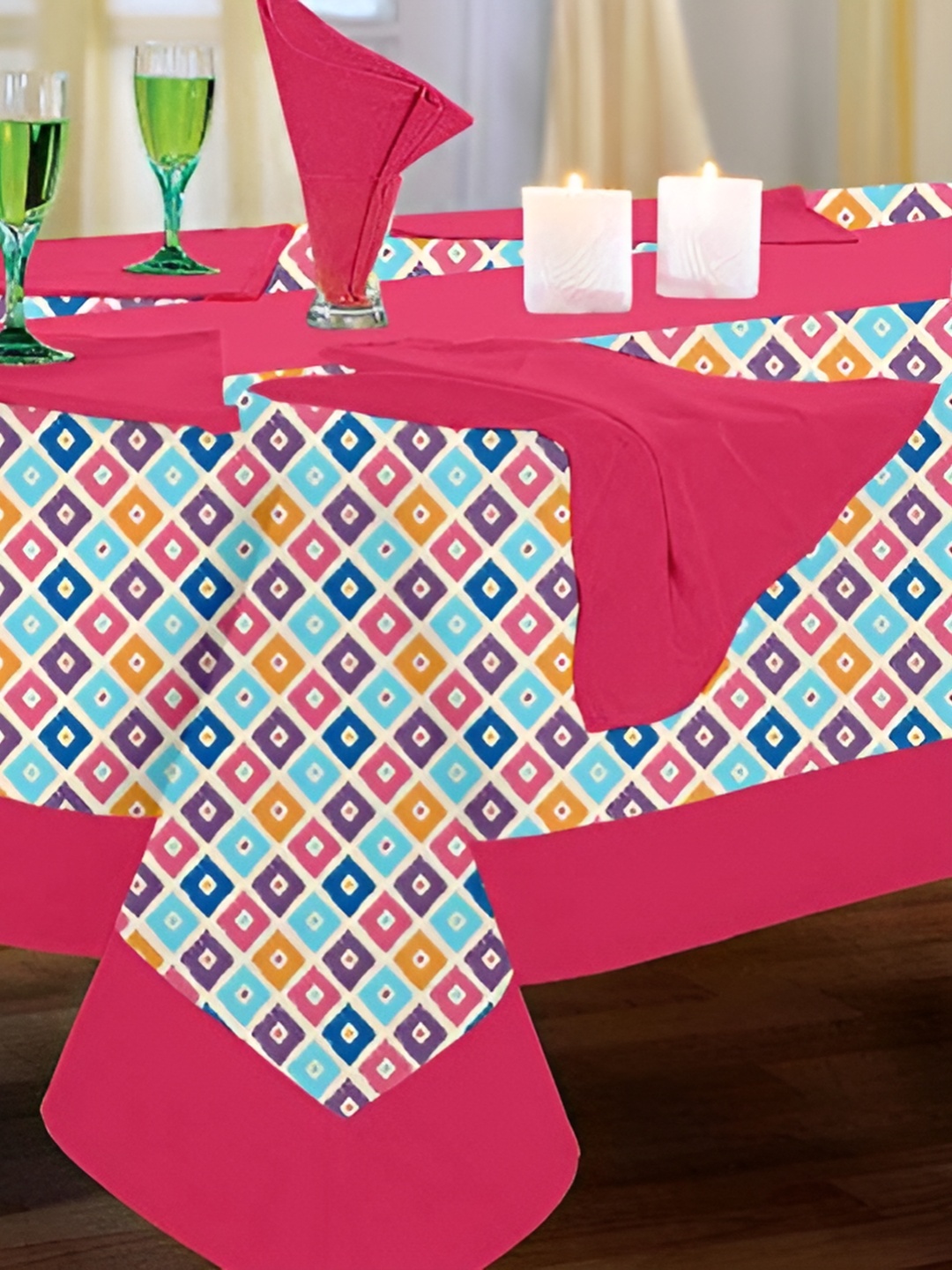 

Lushomes Pink & Blue Geometric Printed Cotton Table Linen Set