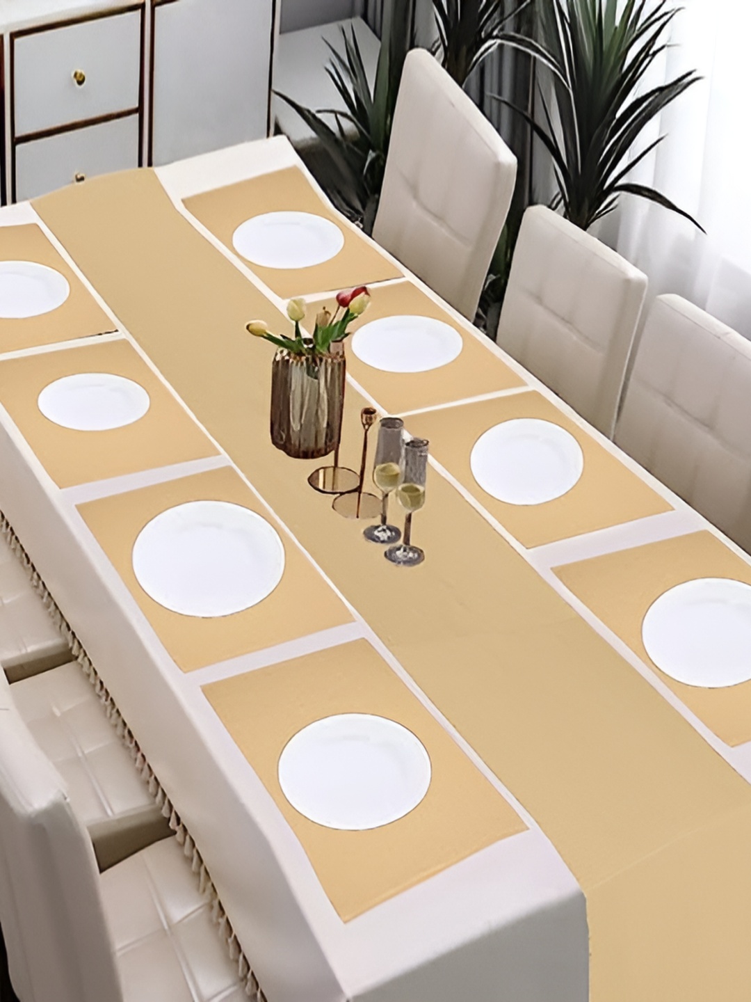 

Lushomes Beige 9 Pieces Ribbed Pure Cotton Table Runner & Table Placemat