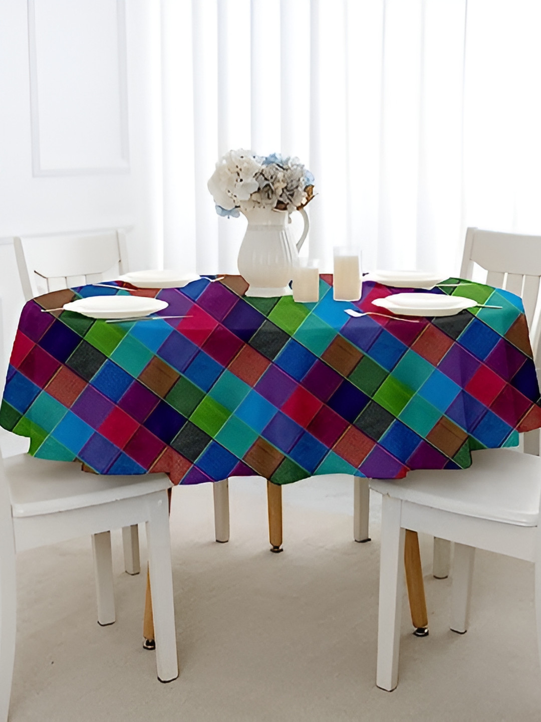 

Lushomes Green & Red Checked Cotton Round 4 Seater Table Cover, Blue