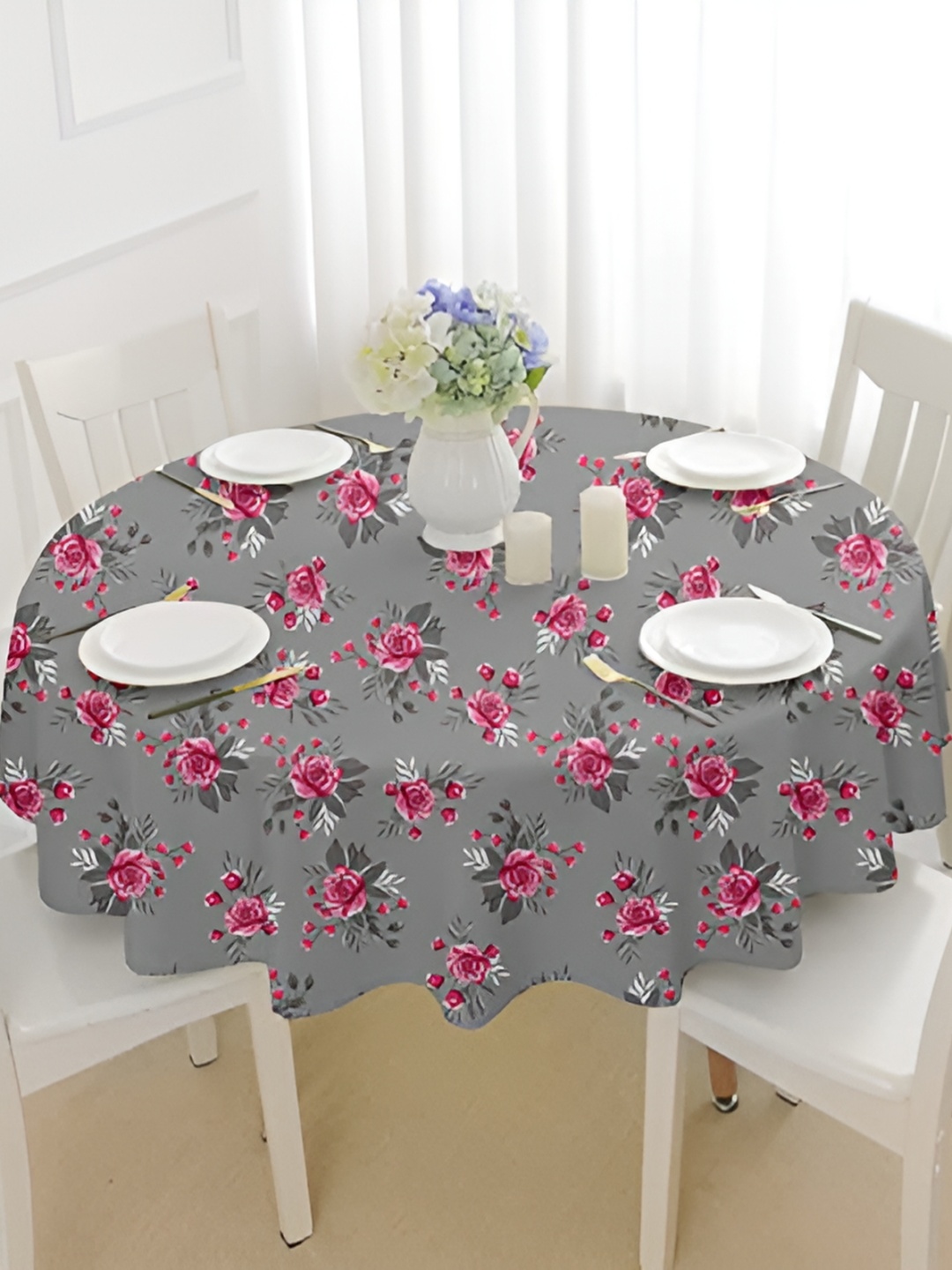 

Lushomes Grey Printed Cotton Round 4 Seater Table Cover