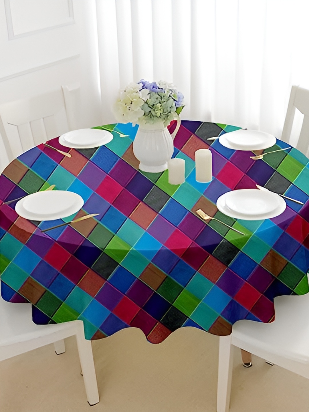 

Lushomes Blue & Red Geometric 1.52 m Cotton Round Table Cover