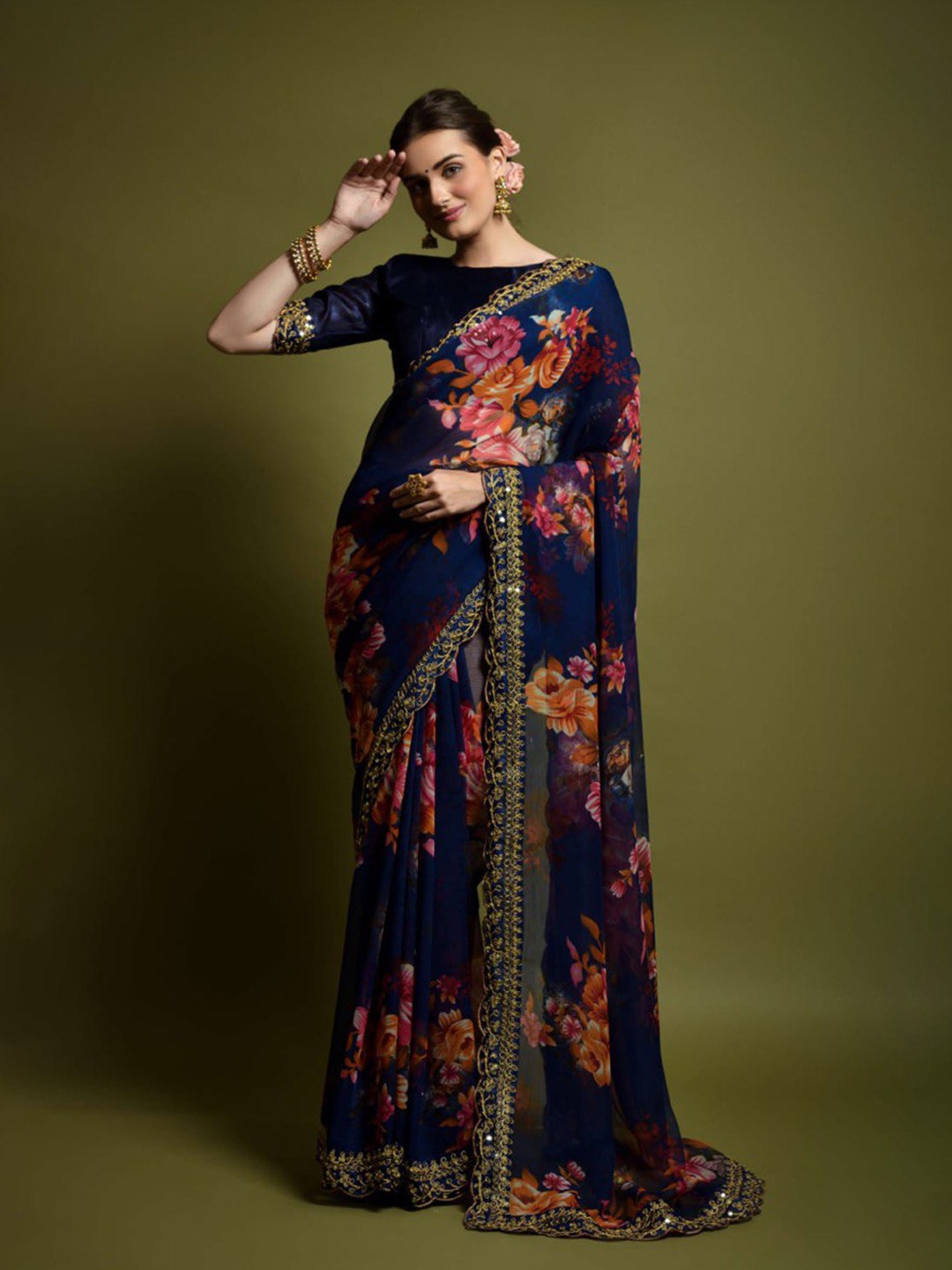 

Jinal & Jinal Blue & Pink Floral Printed Embroidered Saree