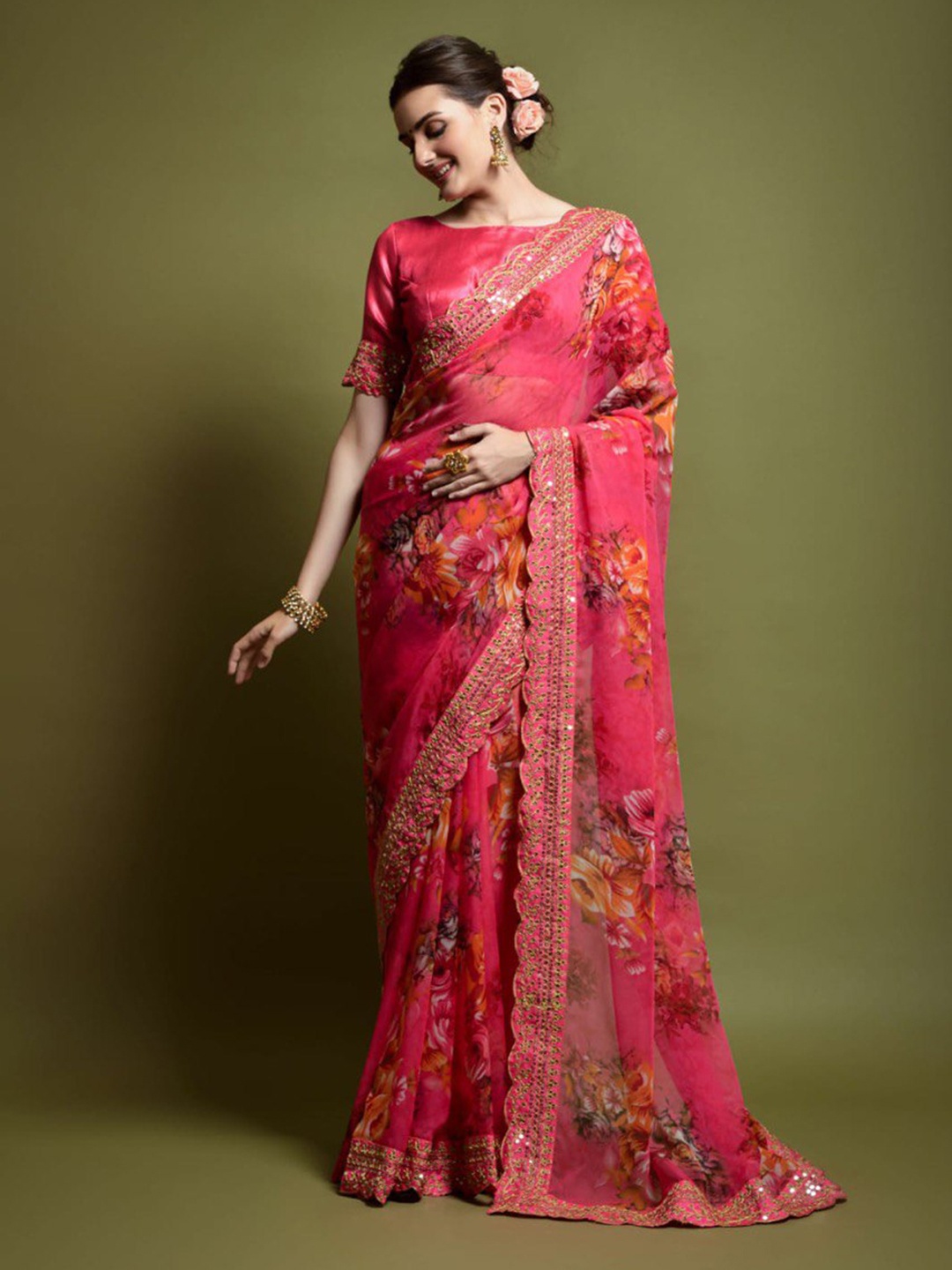 

Jinal & Jinal Floral Printed Sequinned Cut work Saree, Peach