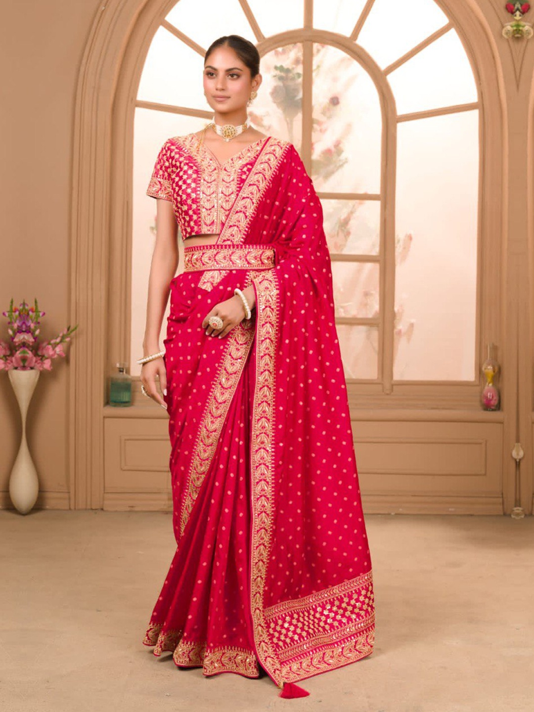 

Jinal & Jinal Magenta & Gold-Toned Bandhani Embroidered Saree