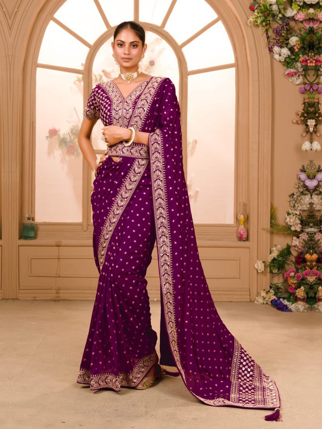 

Jinal & Jinal Purple & Gold-Toned Bandhani Embroidered Saree