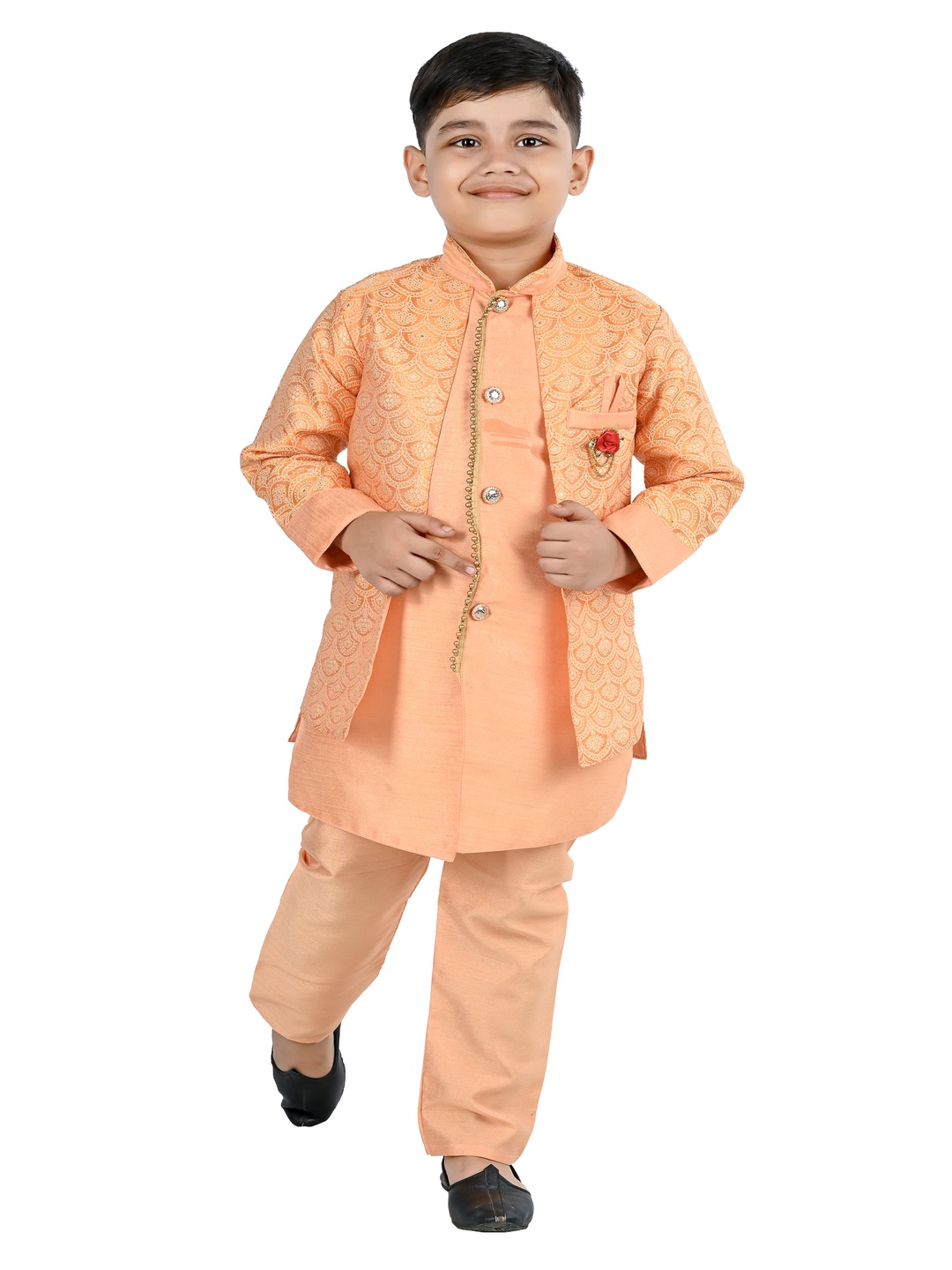 

BAESD Boys Ethnic Motifs Printed Mandarin Collar Straight Kurta with Trousers, Orange