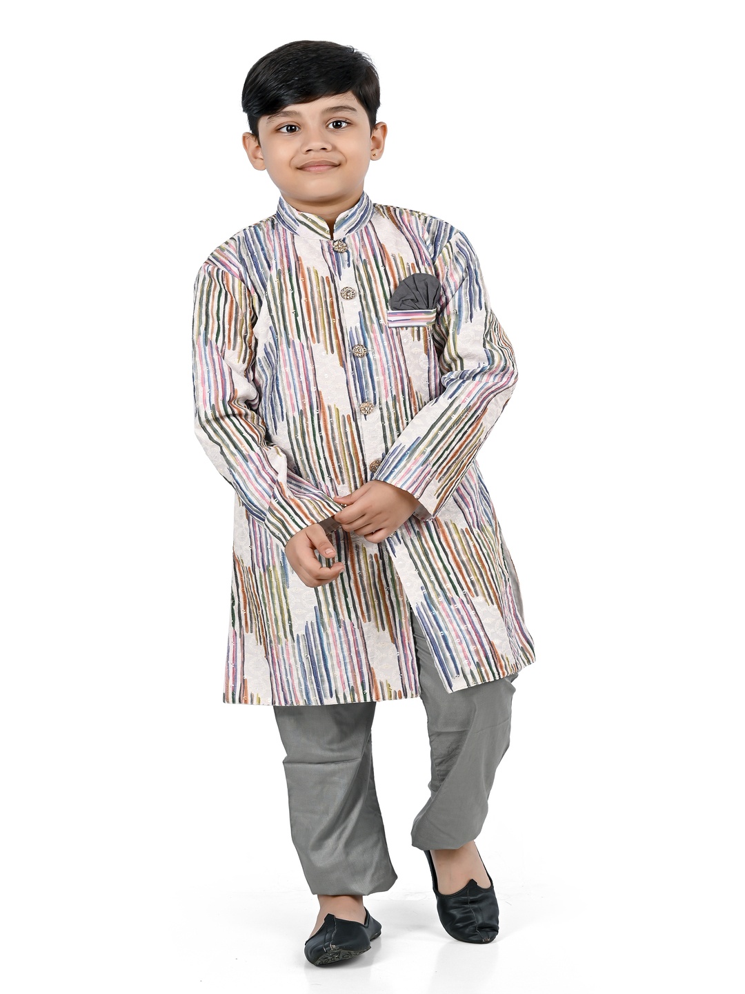 

BAESD Boys Striped Printed Mandarin Collar Straight Kurta With Trouser, White