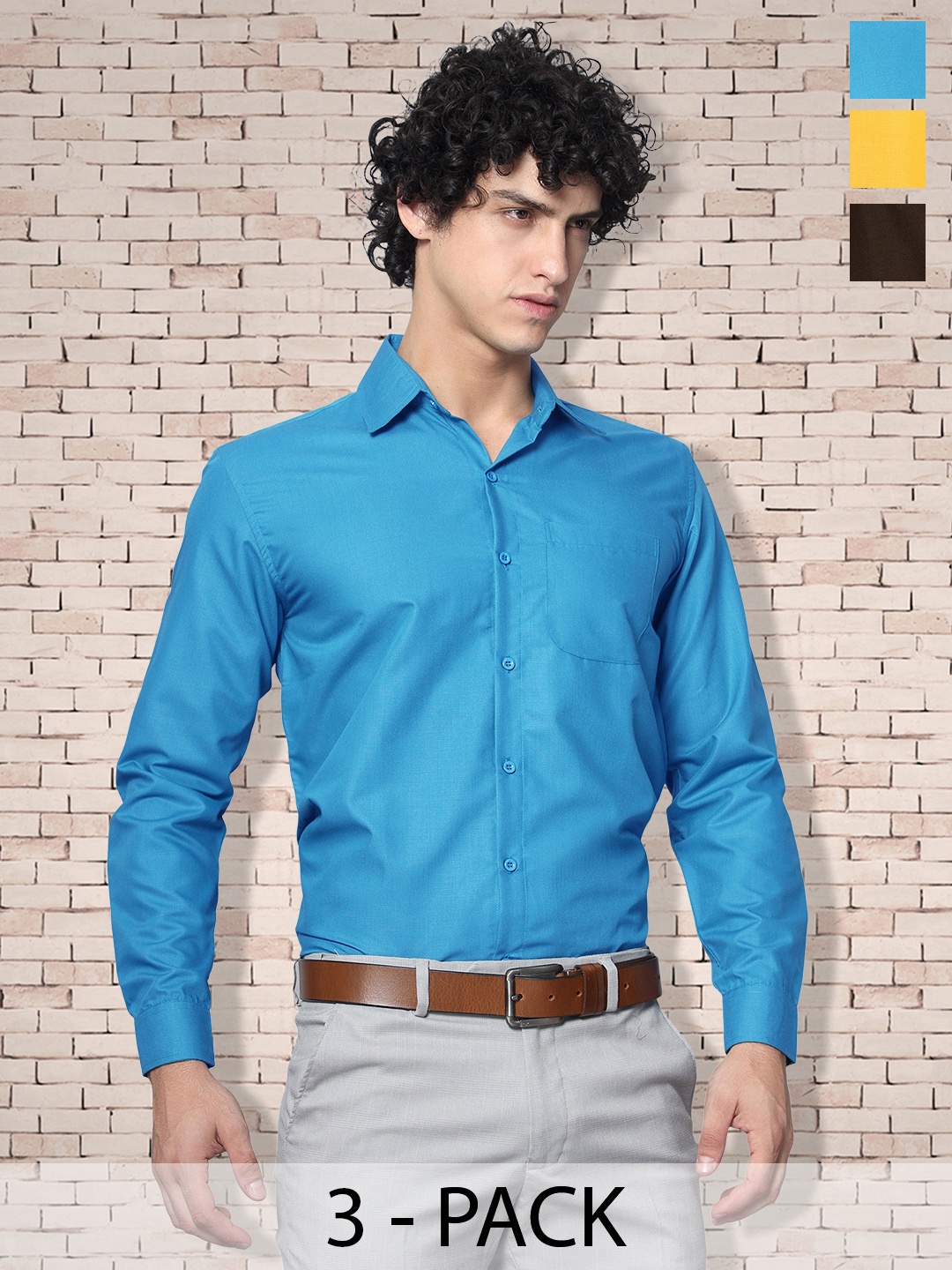 

7Threads 3 Pcs Spread Collar Cotton Opaque Formal Shirt, Blue